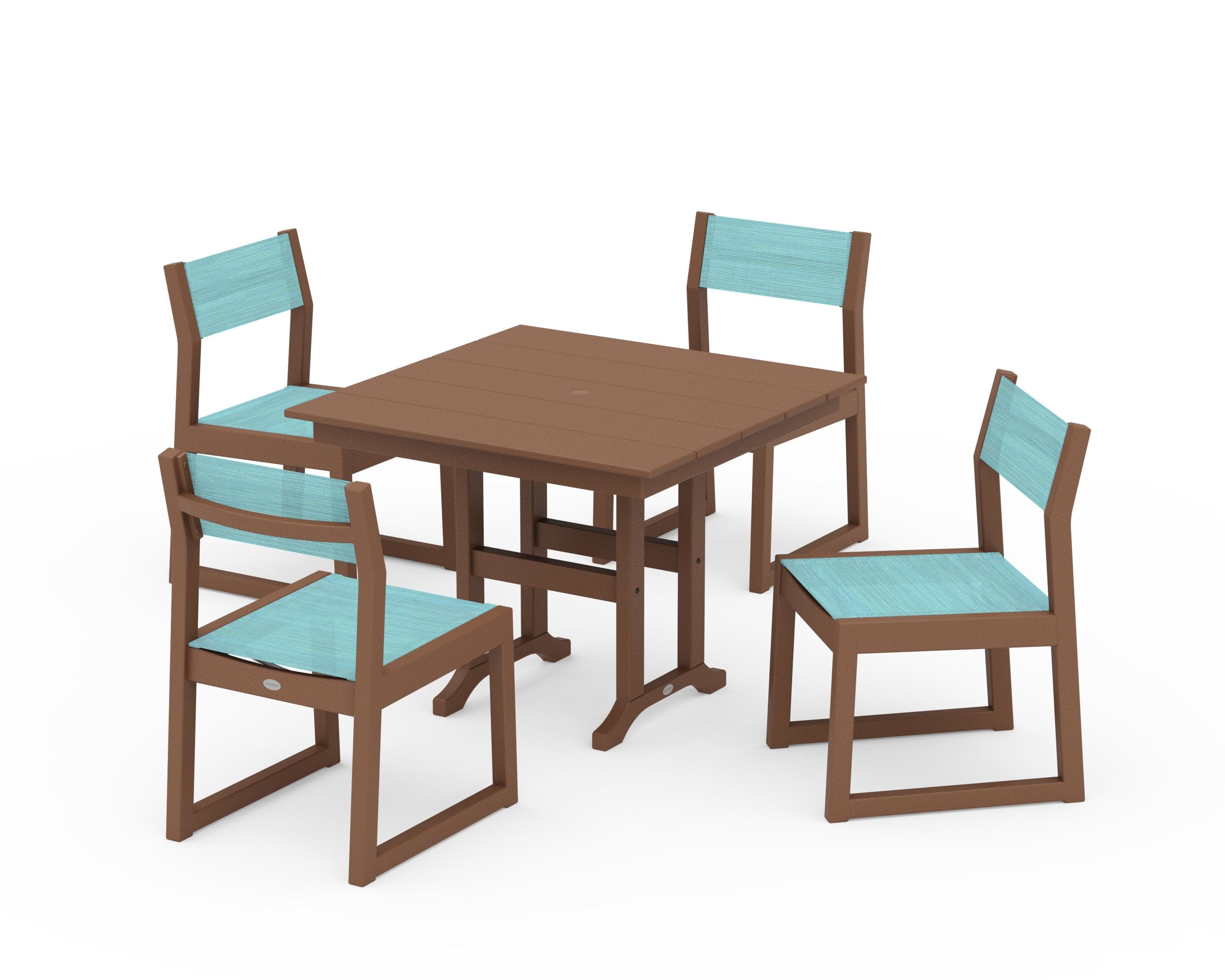 EDGE Sling Side Chair 5-Piece Farmhouse Dining Set in Teak / Dupioni Aquamarine Sling