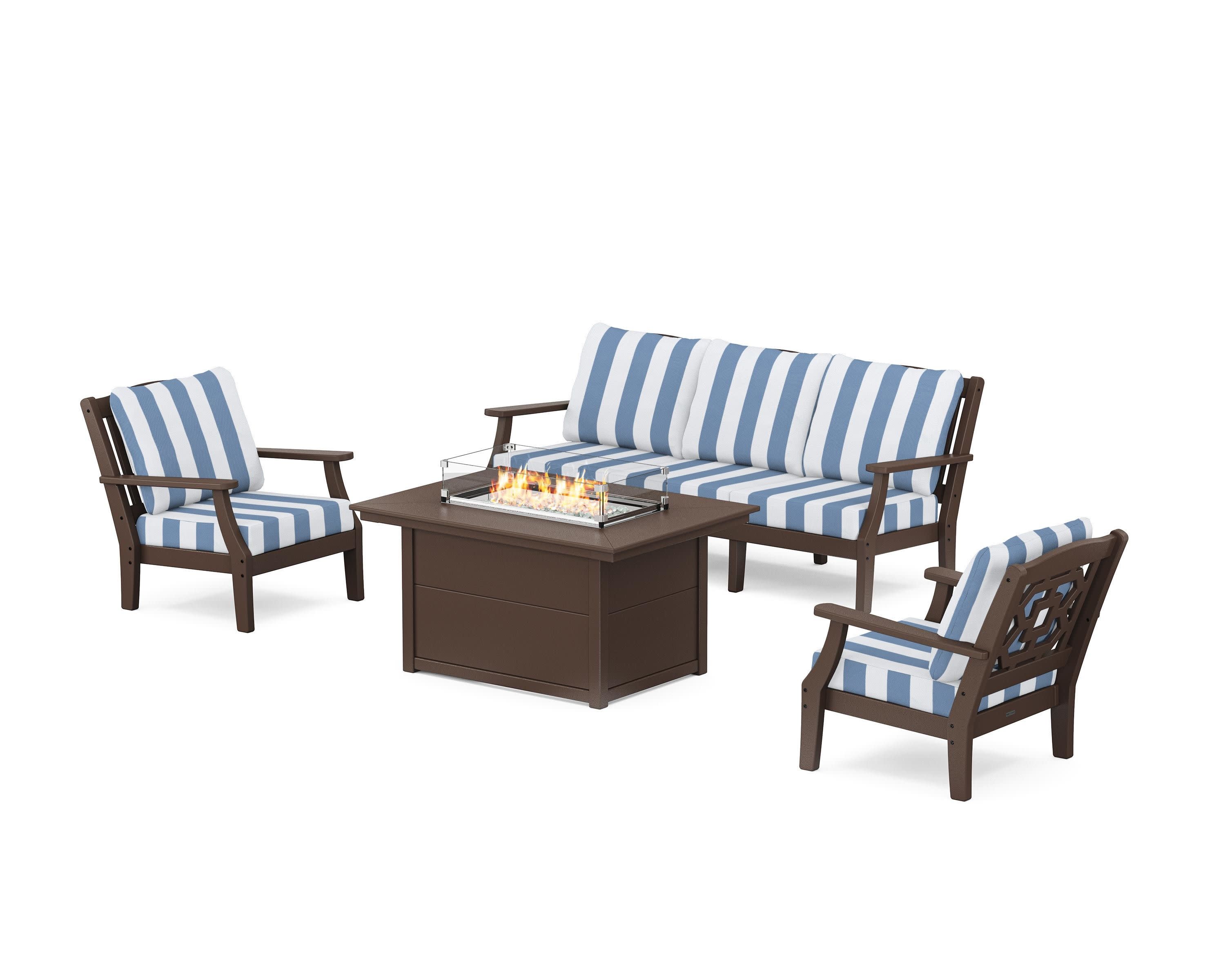 Chinoiserie Deep Seating Fire Pit Table Set in Mahogany / Cabana Stripe Sky Blue