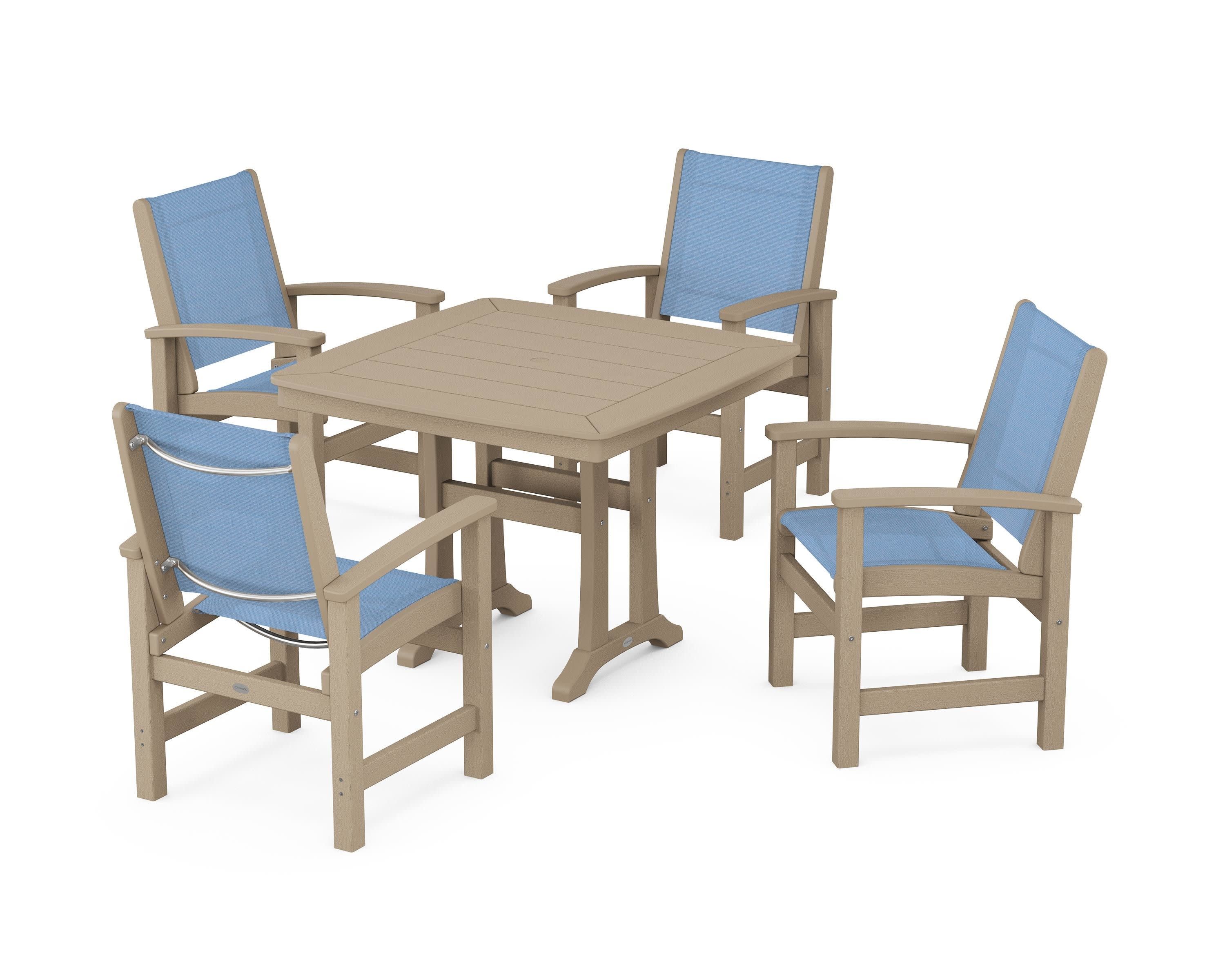 Coastal 5-Piece Dining Set with Trestle Legs in Vintage Sahara / Poolside Sling