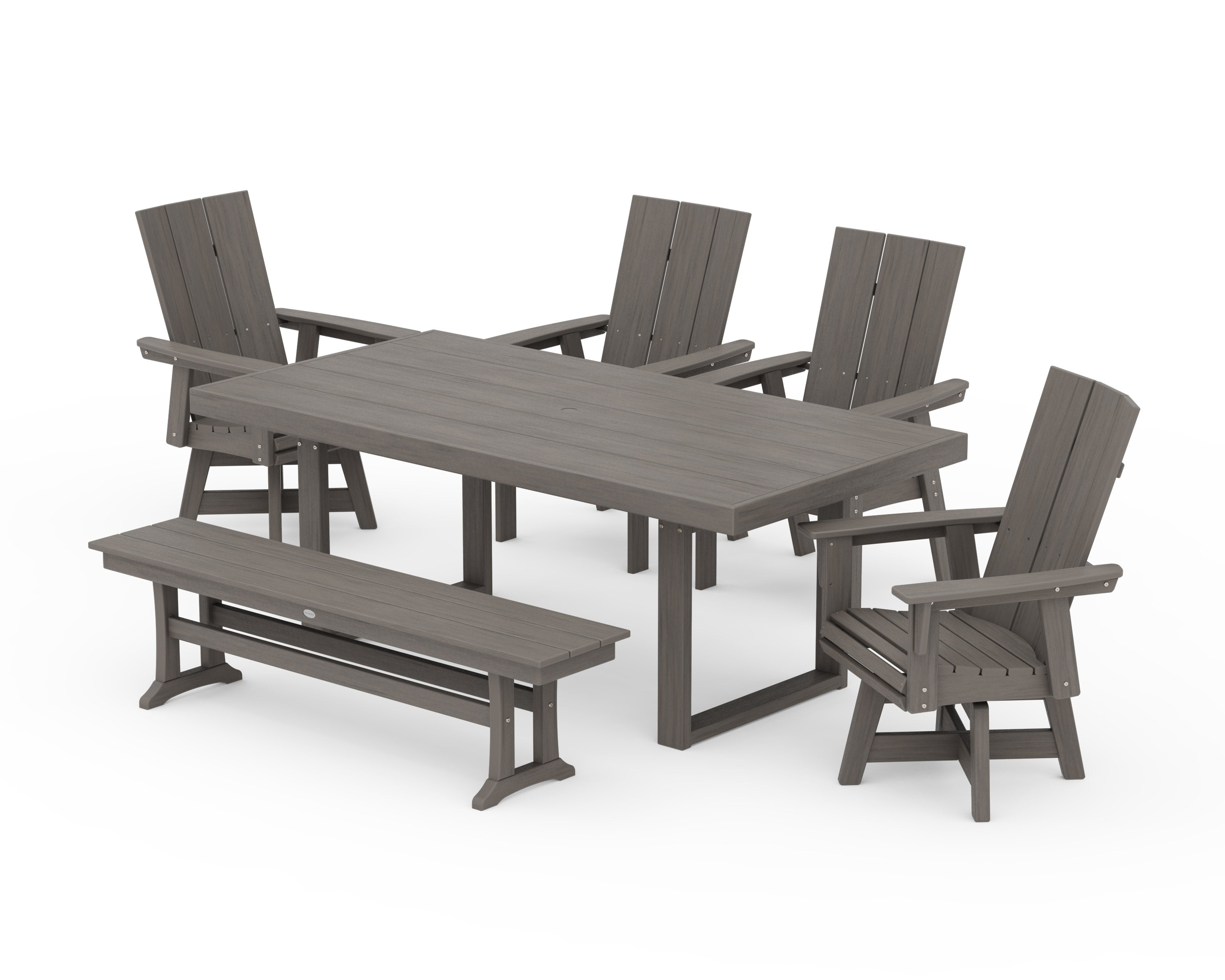 Modern Curveback Adirondack Swivel Chair 6-Piece Dining Set with Bench in Driftwood