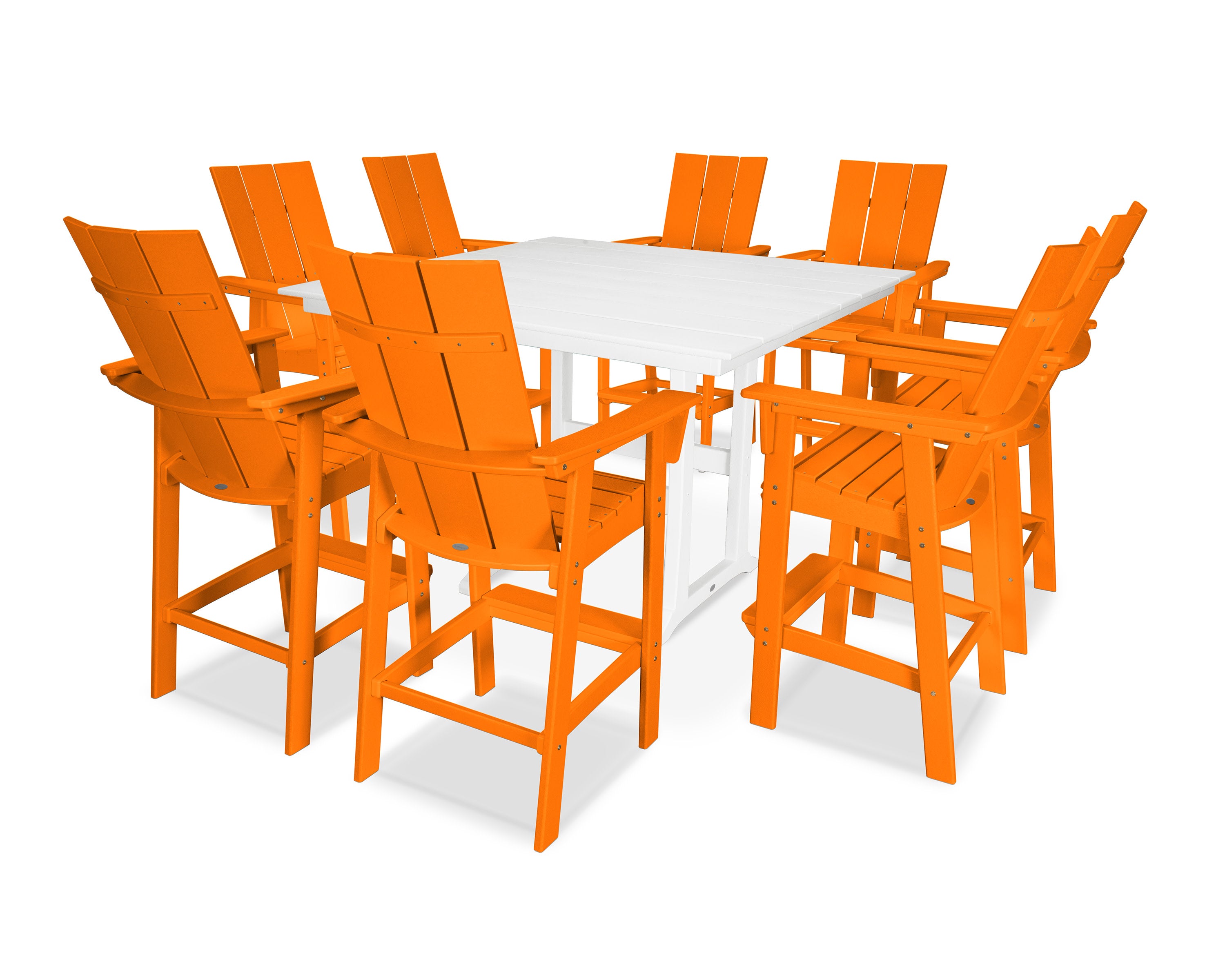 Modern Curveback Adirondack 9-Piece Farmhouse Trestle Bar Set in Tangerine / White