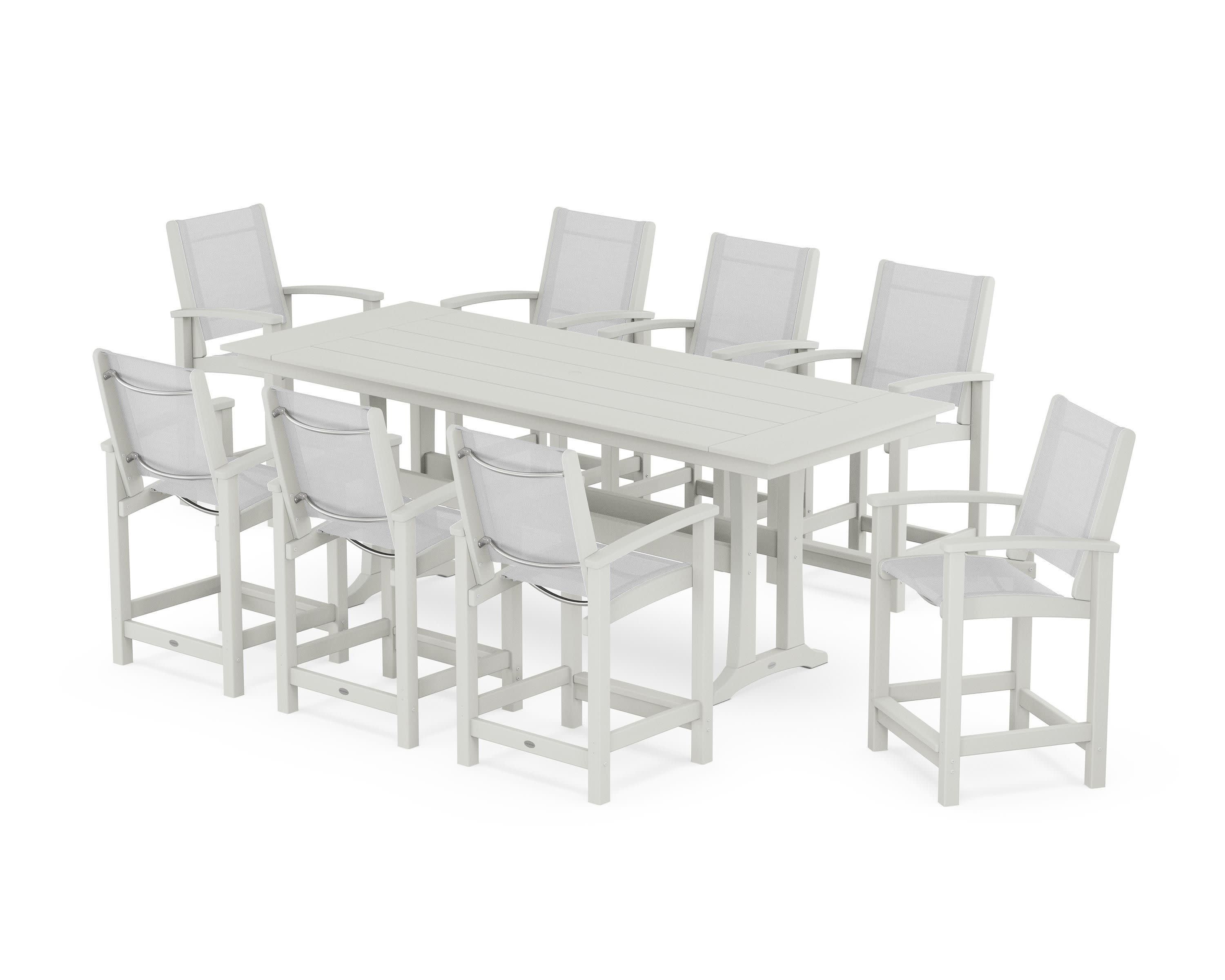 Coastal 9-Piece Farmhouse Counter Set with Trestle Legs in Vintage White / White Sling