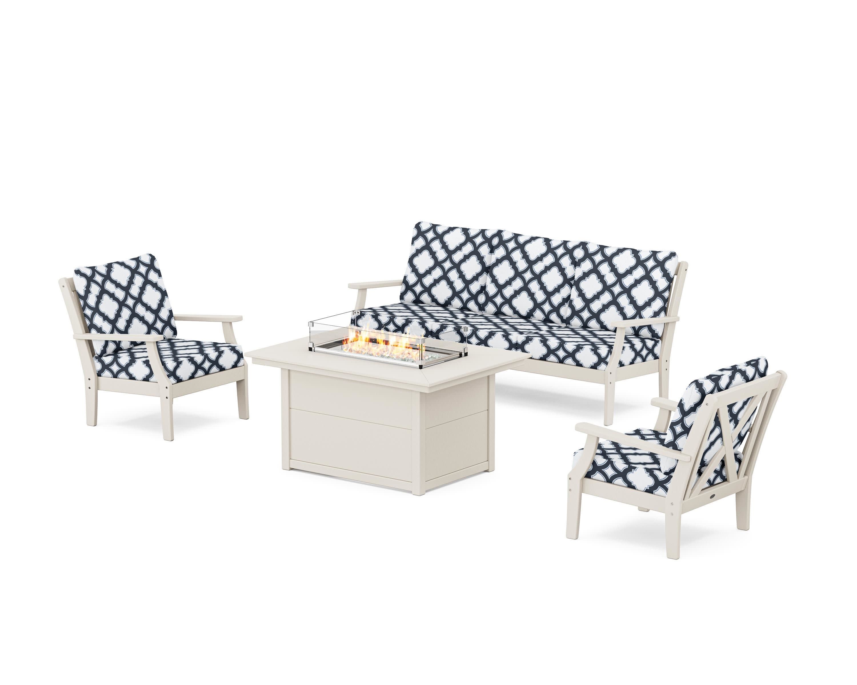 Braxton Deep Seating Fire Pit Table Set in Sand / Trellis Marine Indigo