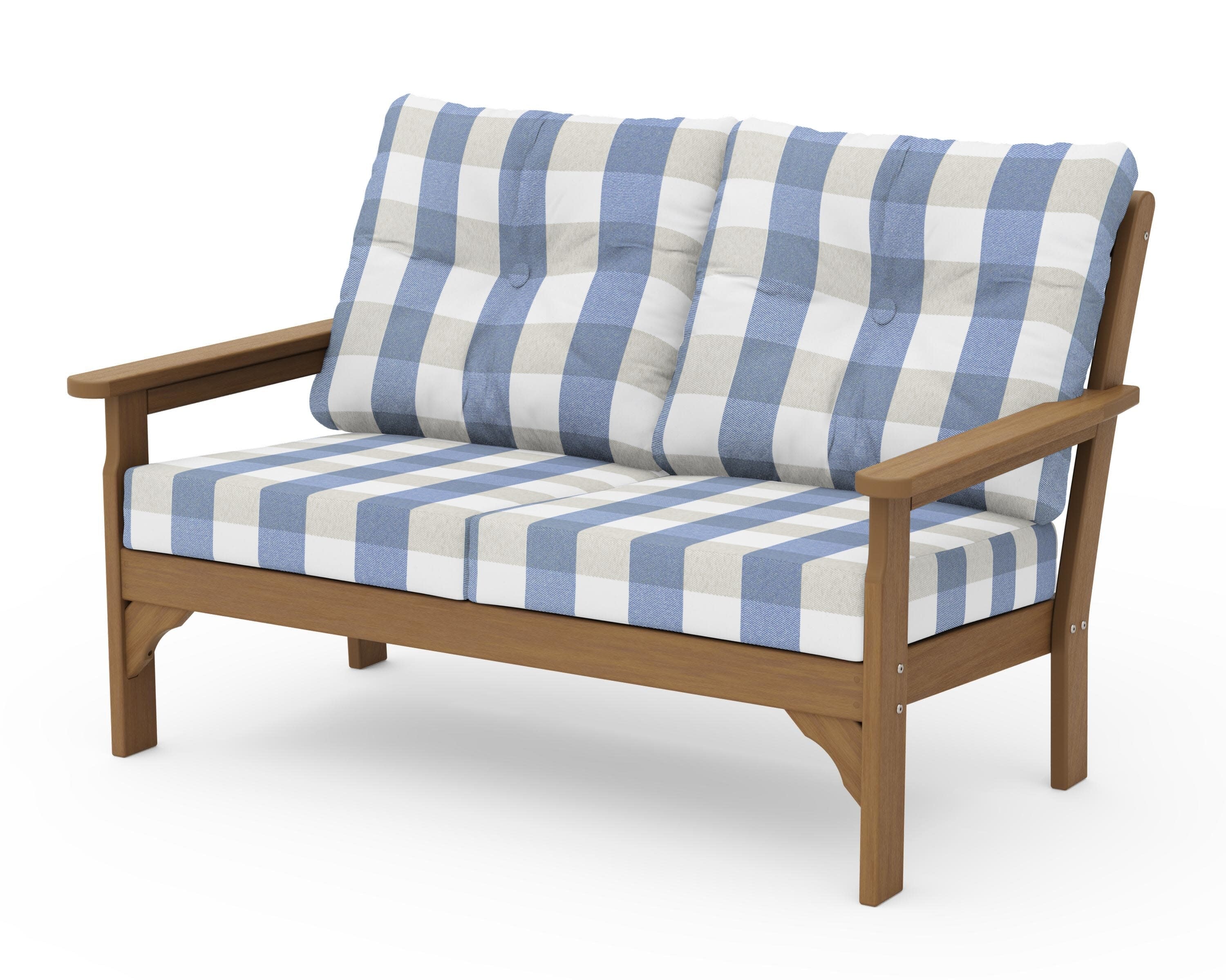 Vineyard Deep Seating Loveseat in Natural / Buffalo Plaid Sky Blue