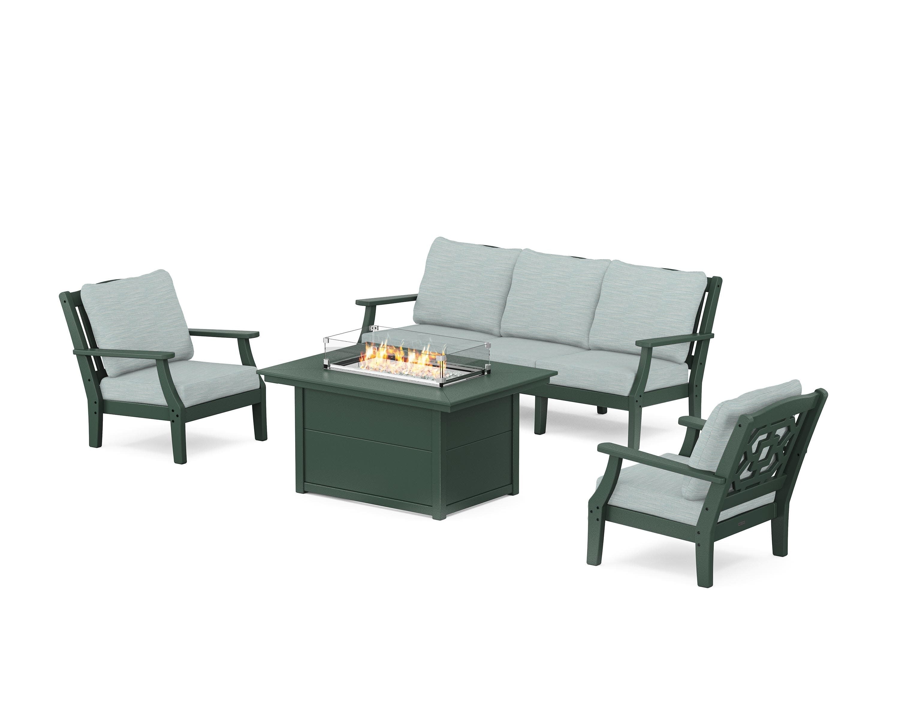 Chinoiserie Deep Seating Fire Pit Table Set in Green / Soothe Mist