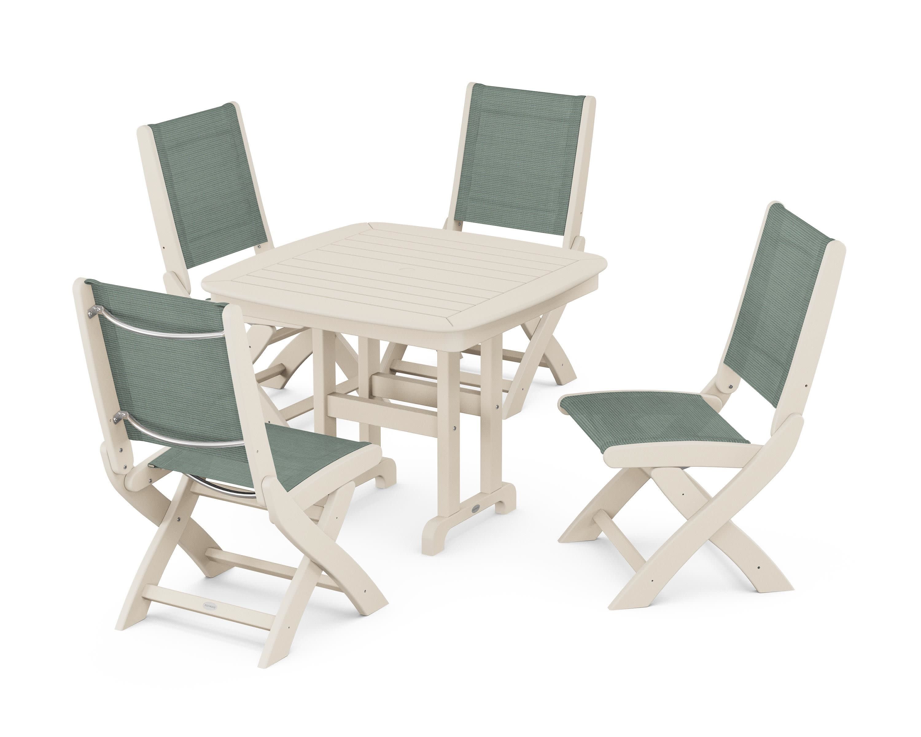 Coastal Folding Side Chair 5-Piece Dining Set in Sand / Dupioni Sea Mist Sling