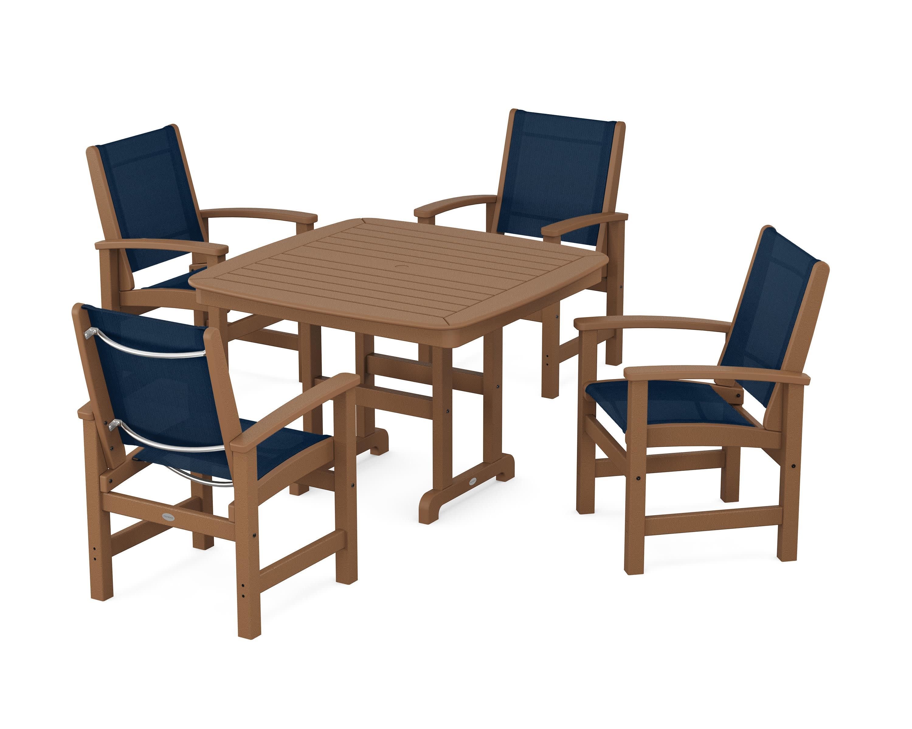 Coastal 5-Piece Dining Set in Teak / Navy Blue Sling