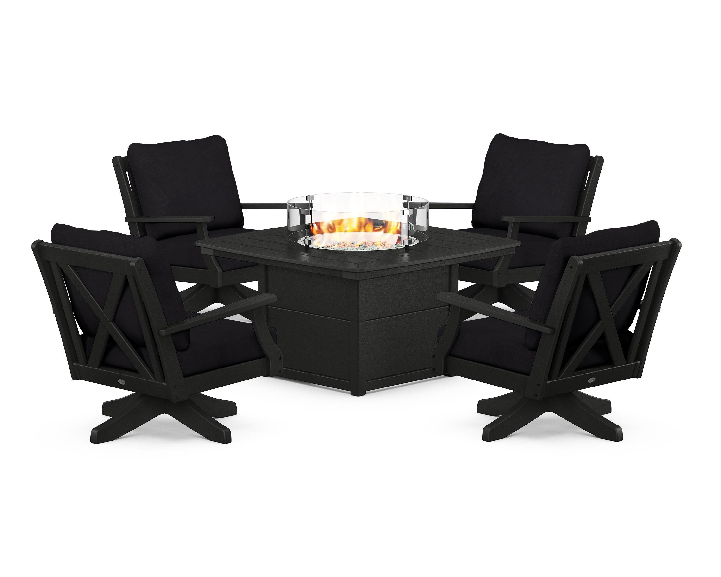 Braxton 5-Piece Deep Seating Swivel Conversation Set with Fire Pit Table in Black / Midnight Linen
