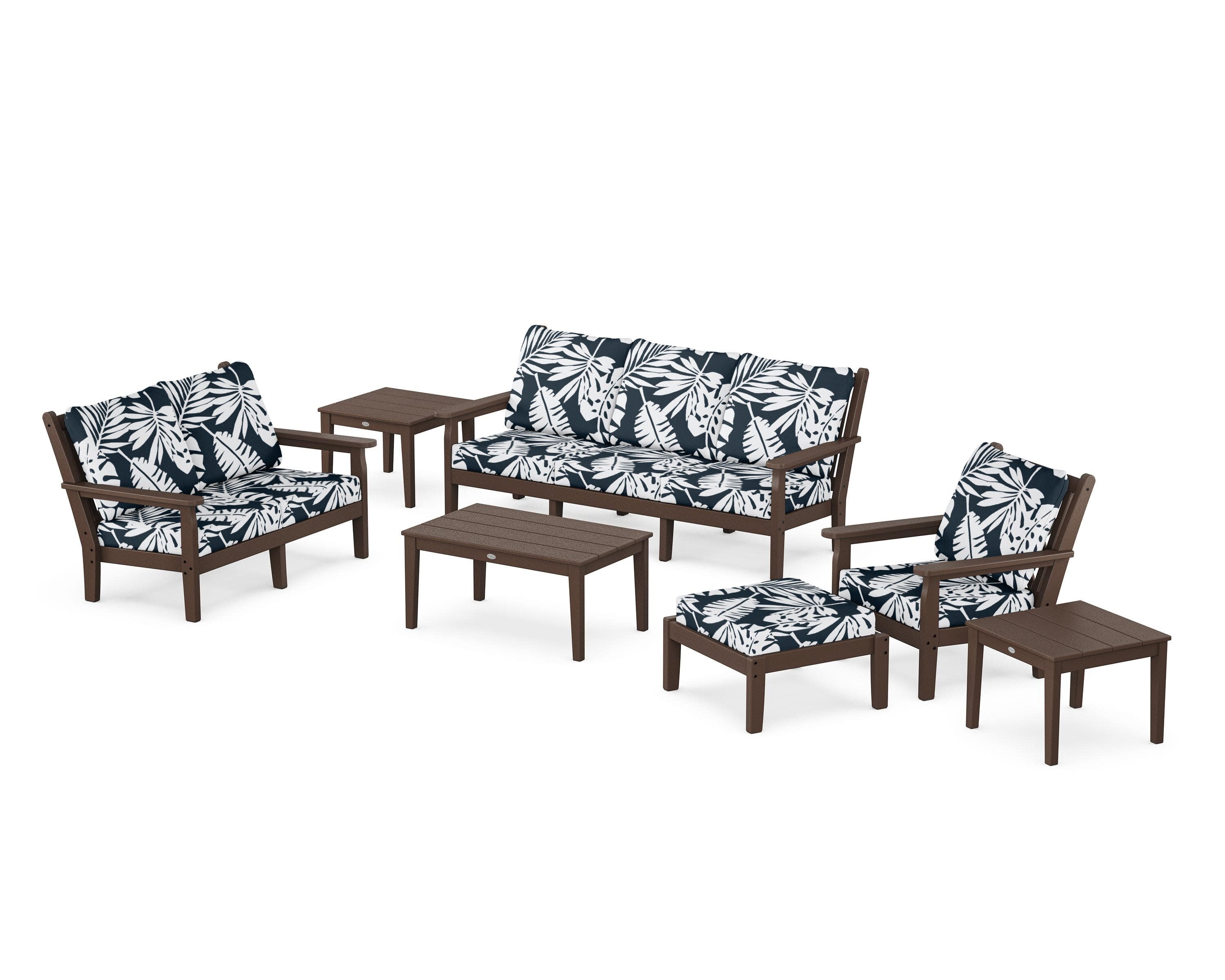 Chippendale 7-Piece Deep Seating Set in Mahogany / Leaf Marine Indigo