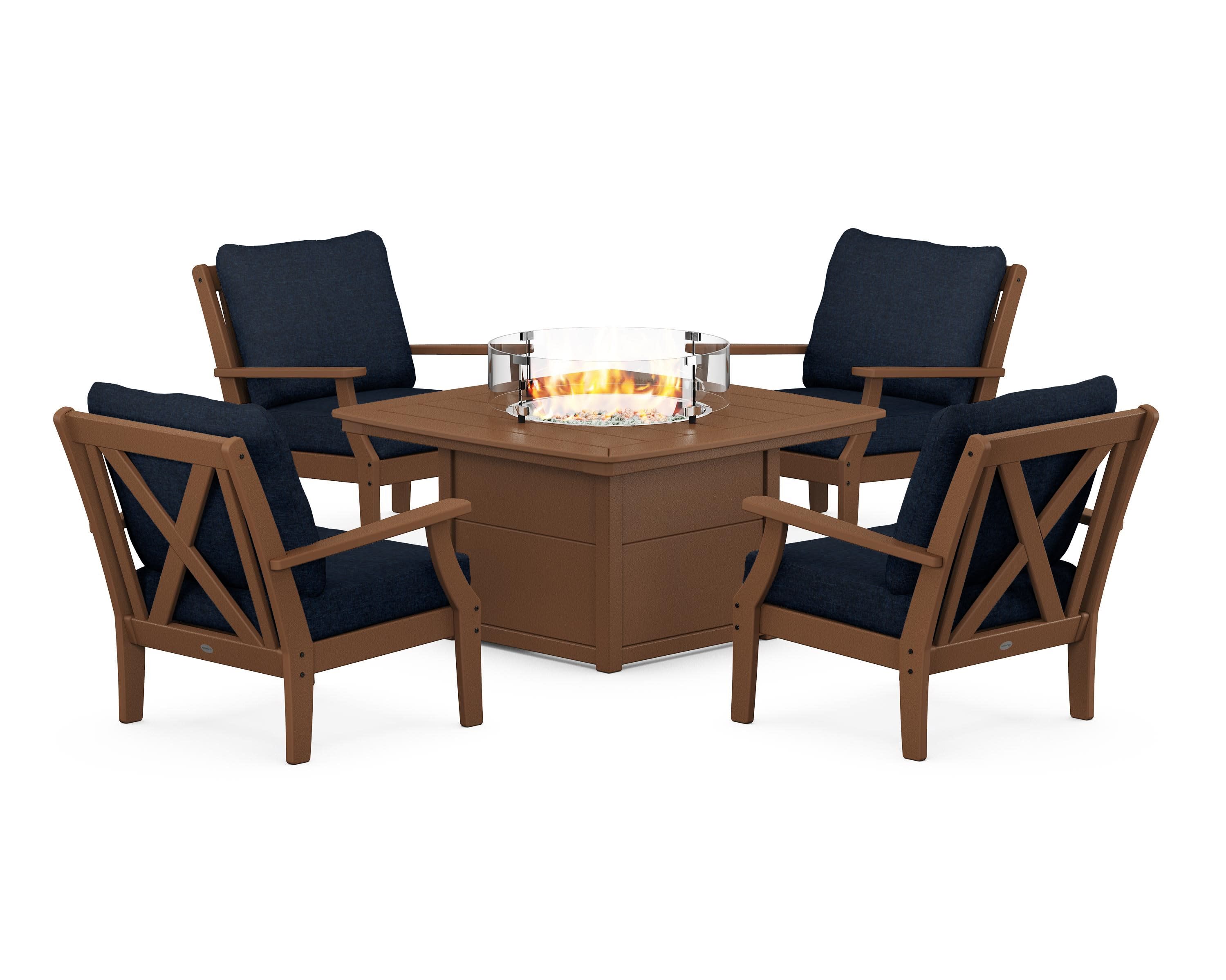 Braxton 5-Piece Deep Seating Conversation Set with Fire Pit Table in Teak / Marine Indigo