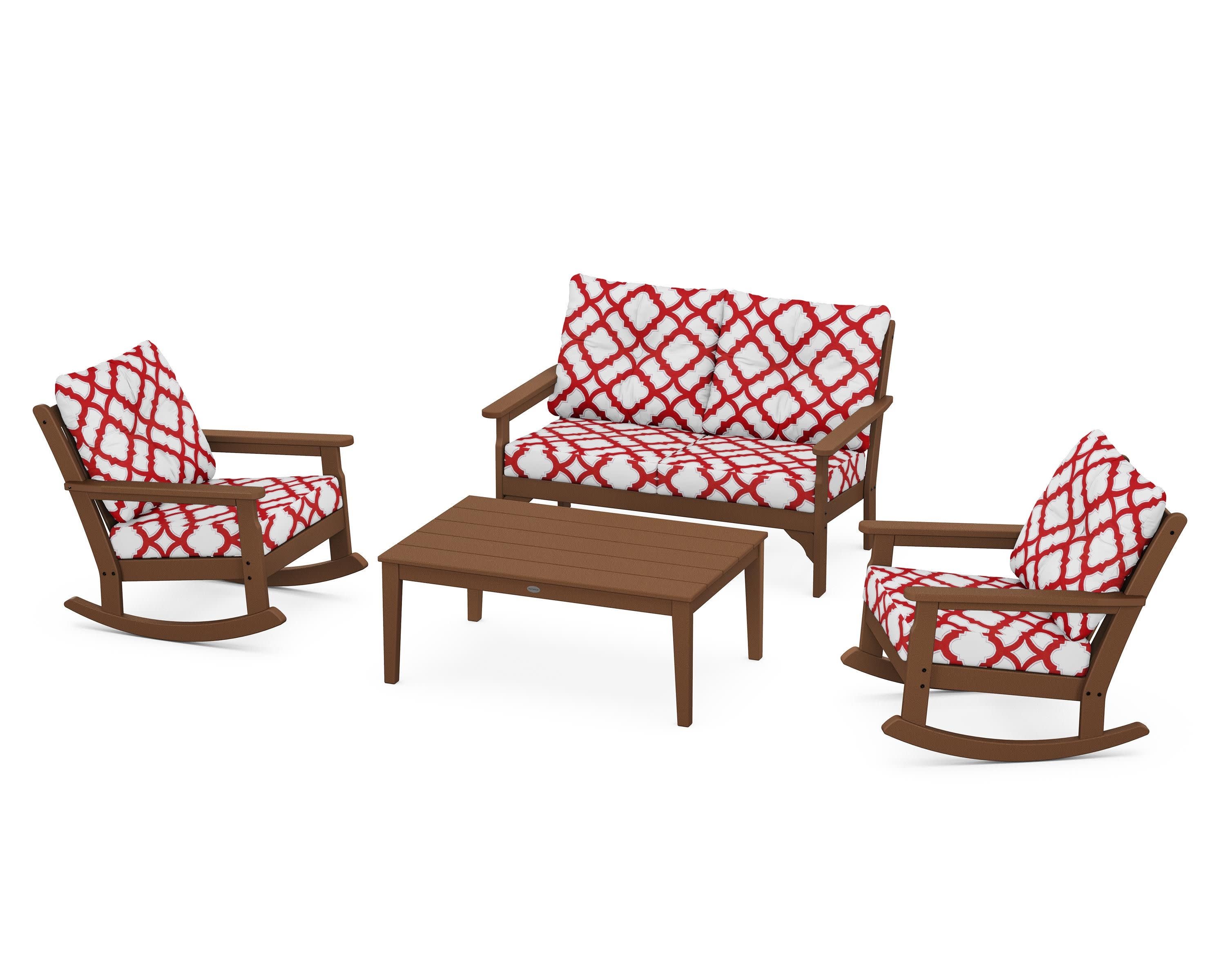 Vineyard 4-Piece Deep Seating Rocking Chair Set in Teak / Trellis Crimson