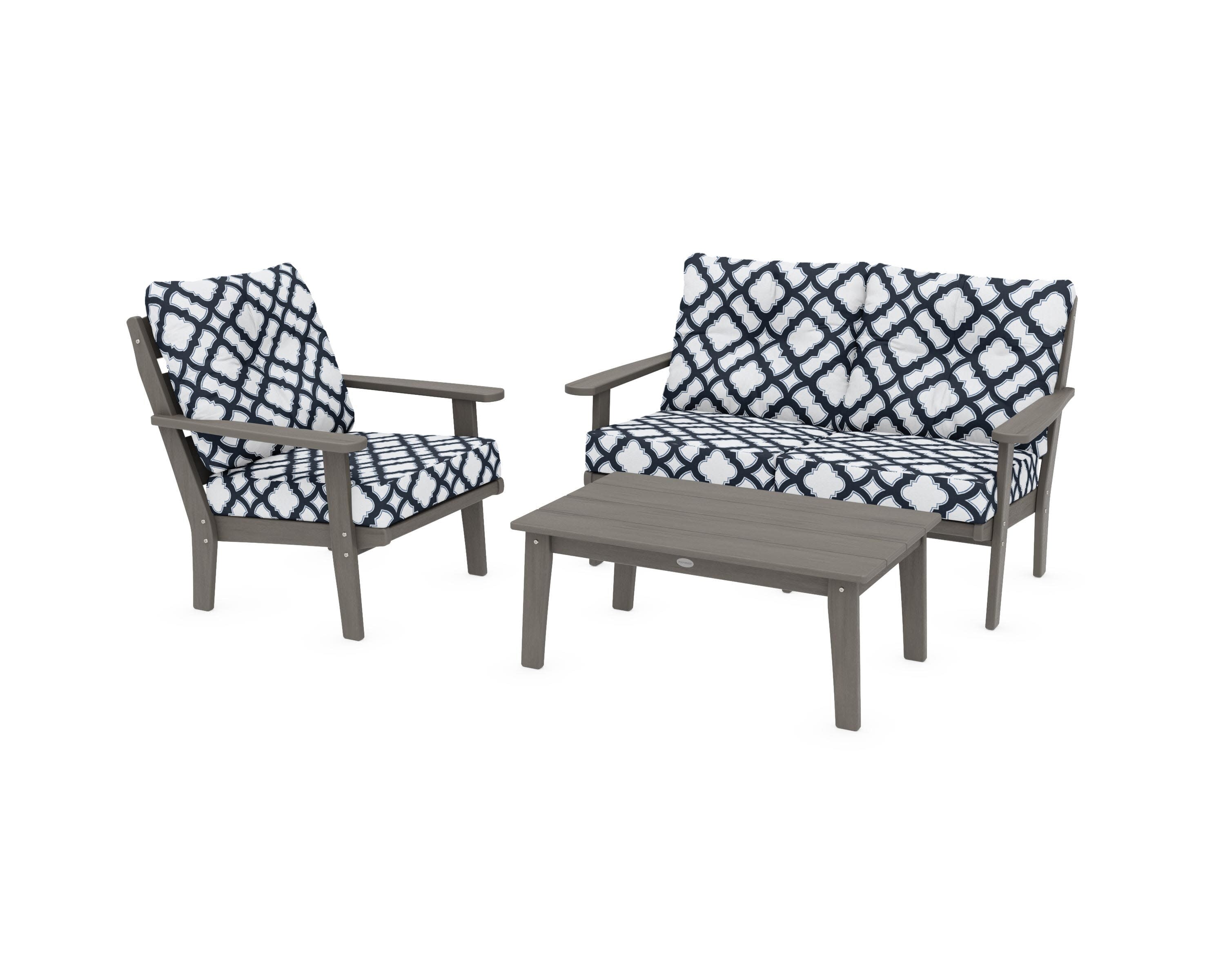 Lakeside 3-Piece Deep Seating Set in Driftwood / Trellis Marine Indigo