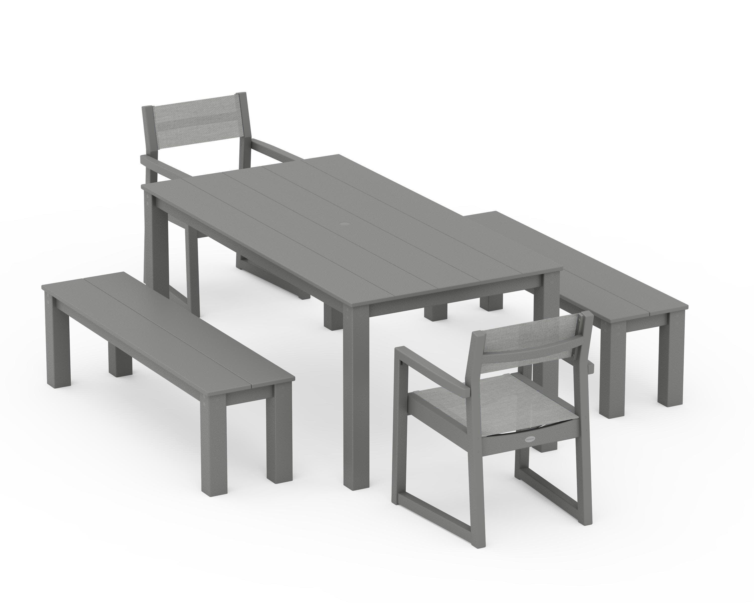 EDGE Sling Arm Chair 5-Piece Parsons Dining Set with Benches in Slate Grey / Metallic Sling