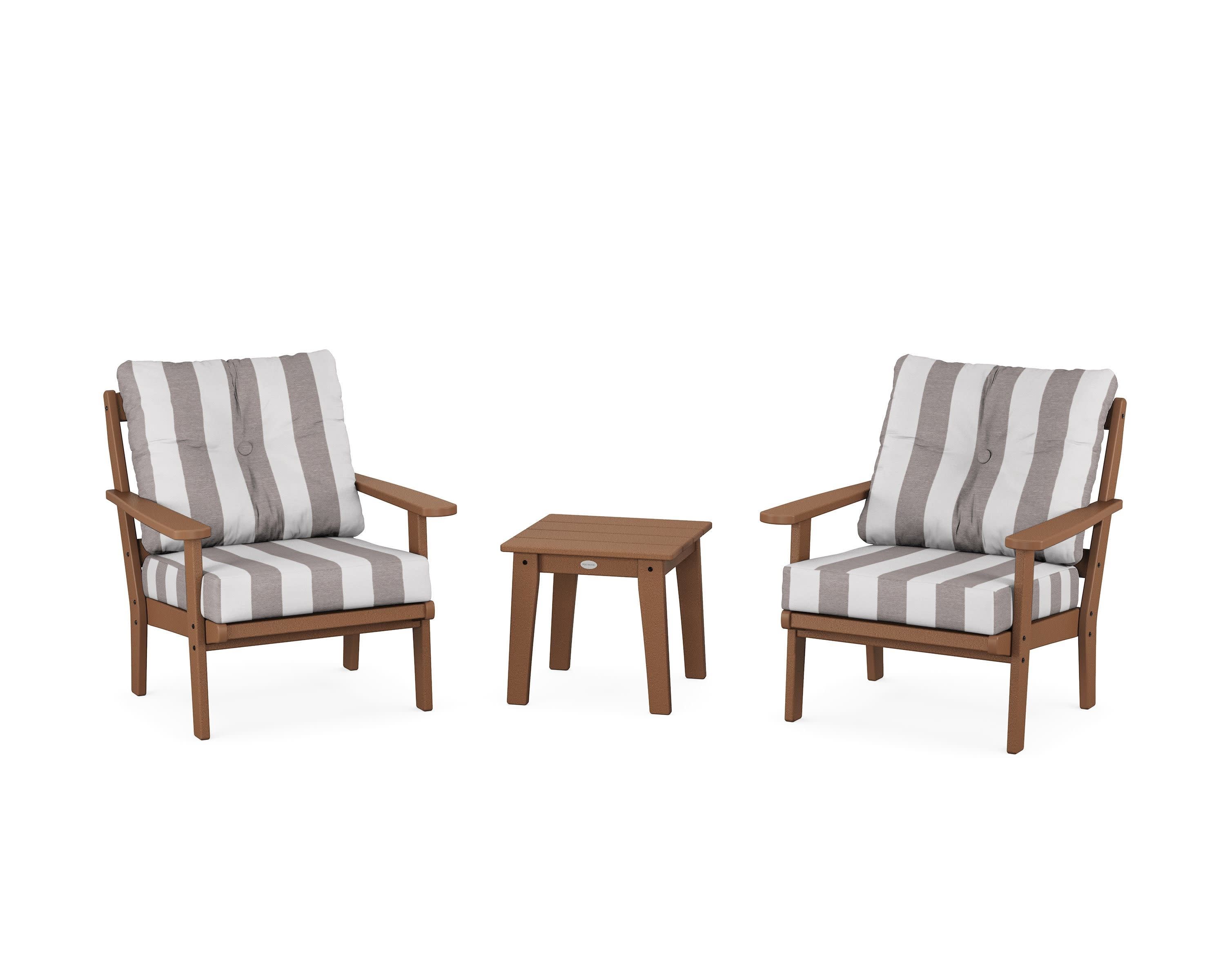 Mission 3-Piece Deep Seating Set in Teak / Cabana Stripe Grey Mist