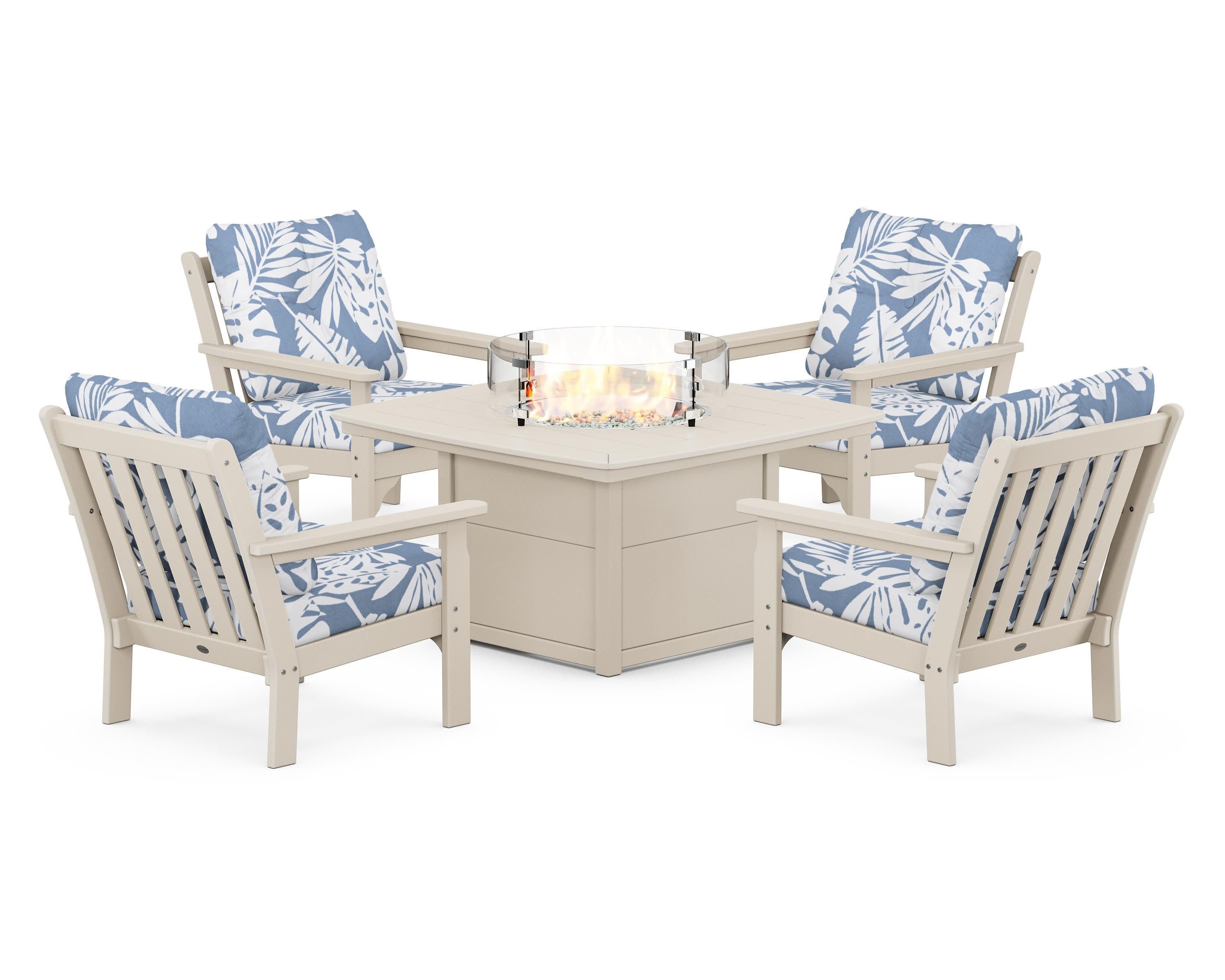 Vineyard 5-Piece Conversation Set with Fire Pit Table in Sand / Leaf Sky Blue