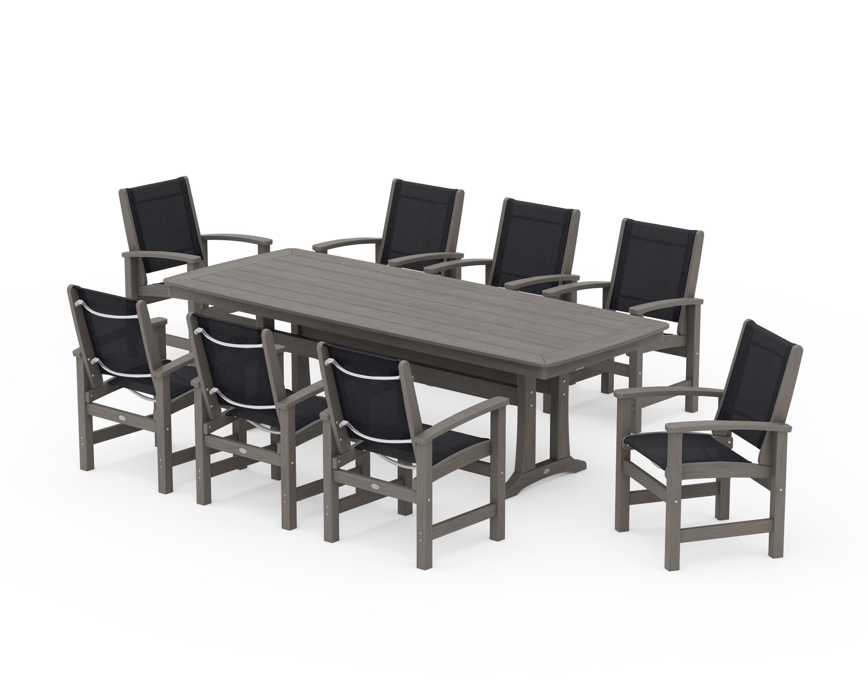 Coastal 9-Piece Dining Set with Trestle Legs in Driftwood / Black Sling