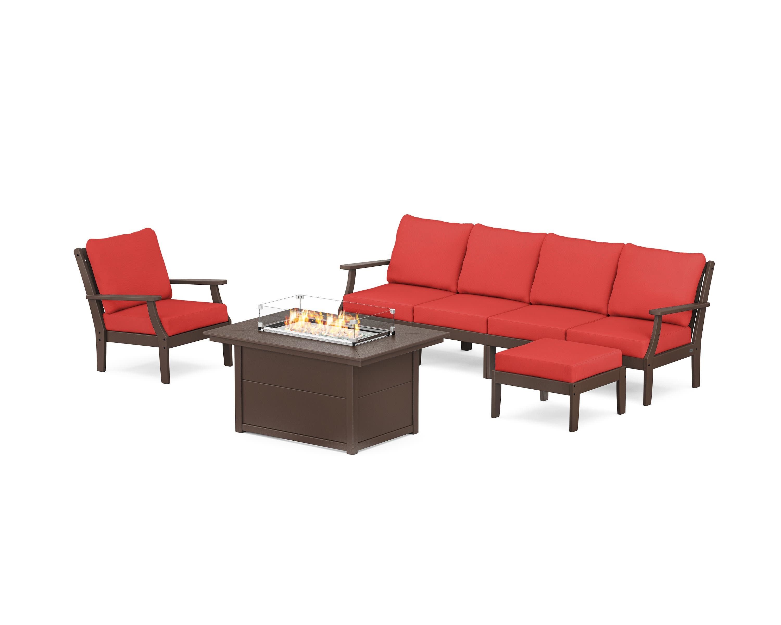 Braxton Sectional Lounge and Fire Pit Set in Mahogany / Crimson Linen