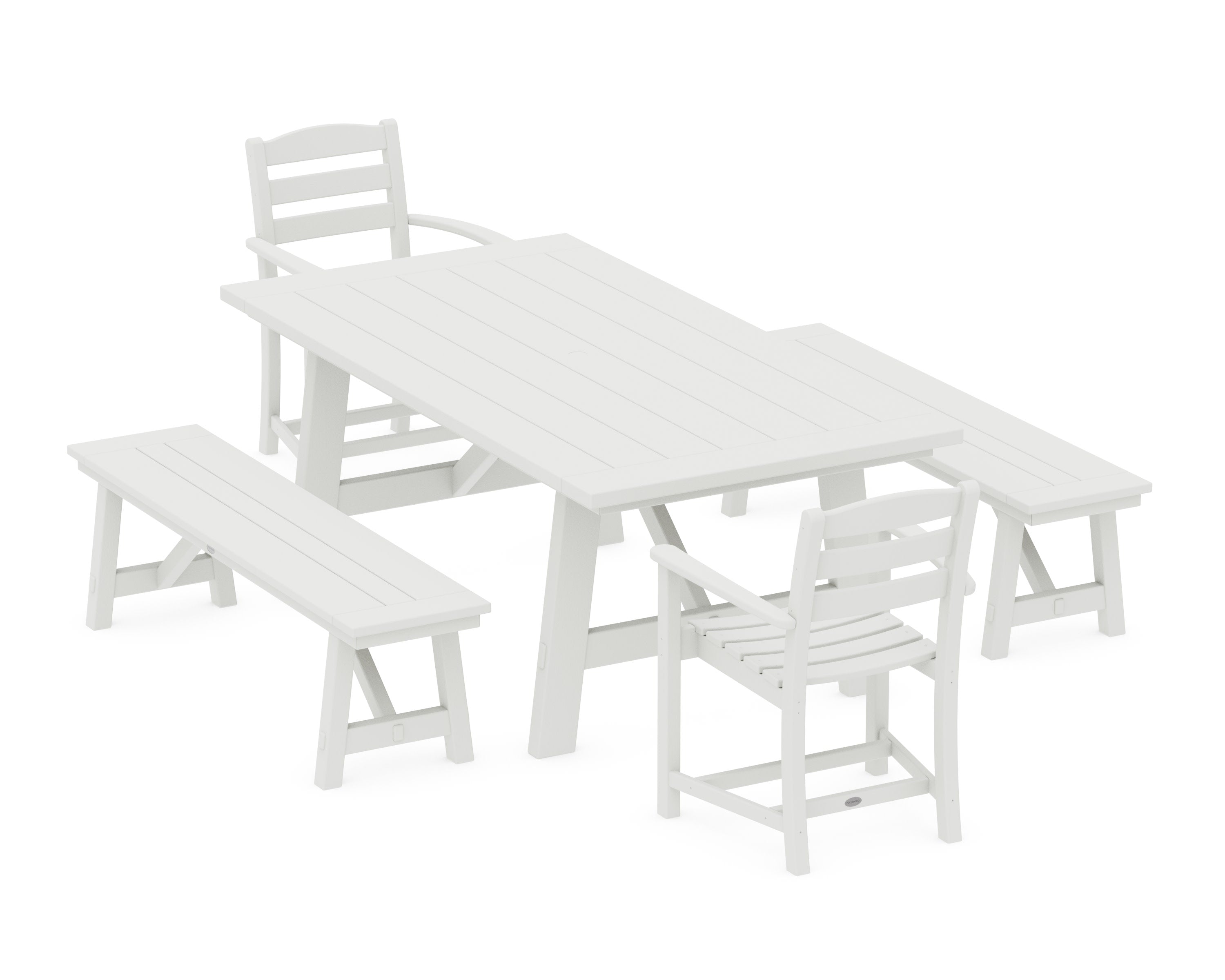 La Casa Caf 5-Piece Rustic Farmhouse Dining Set With Benches in Vintage White
