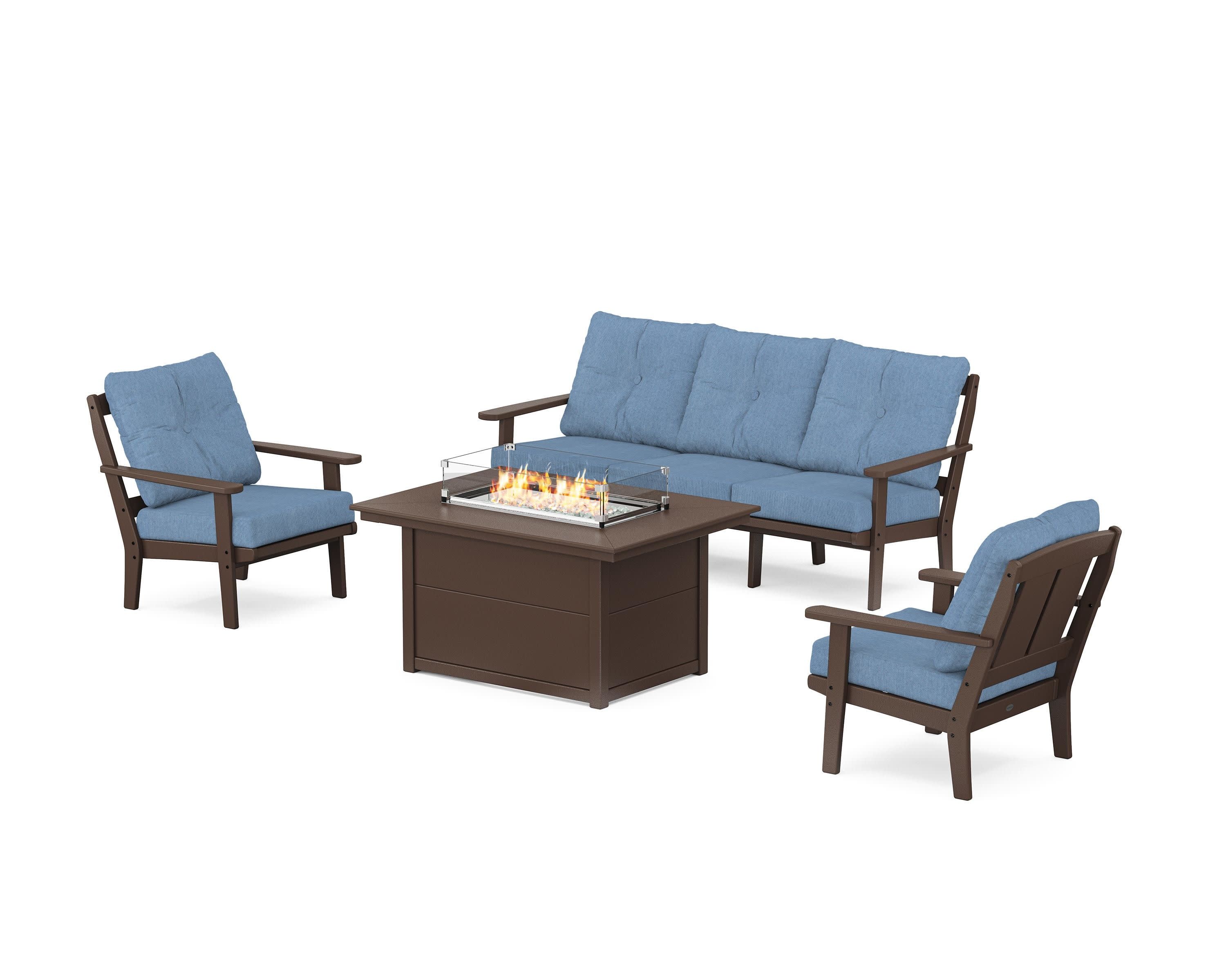 Mission Deep Seating Fire Pit Table Set in Mahogany / Sky Blue