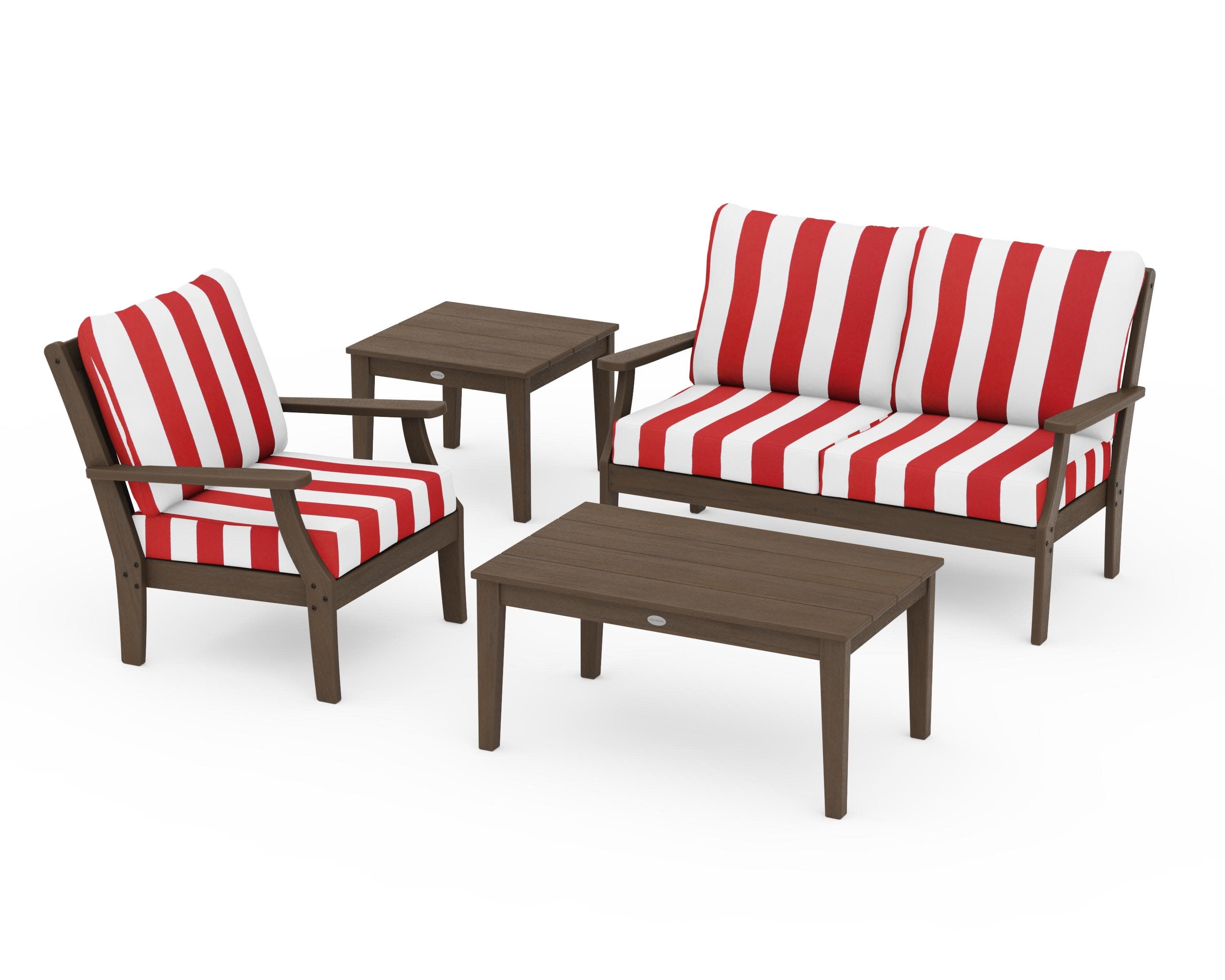 Braxton 4-Piece Deep Seating Set in Kona / Cabana Stripe Crimson