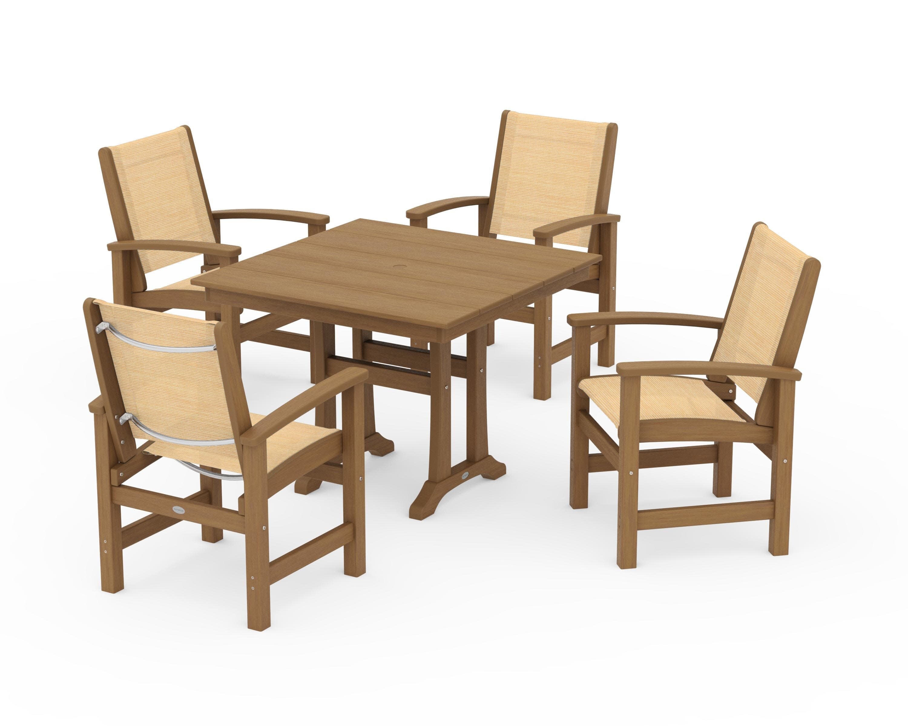 Coastal 5-Piece Farmhouse Dining Set With Trestle Legs in Natural / Dupioni Apricot Sling