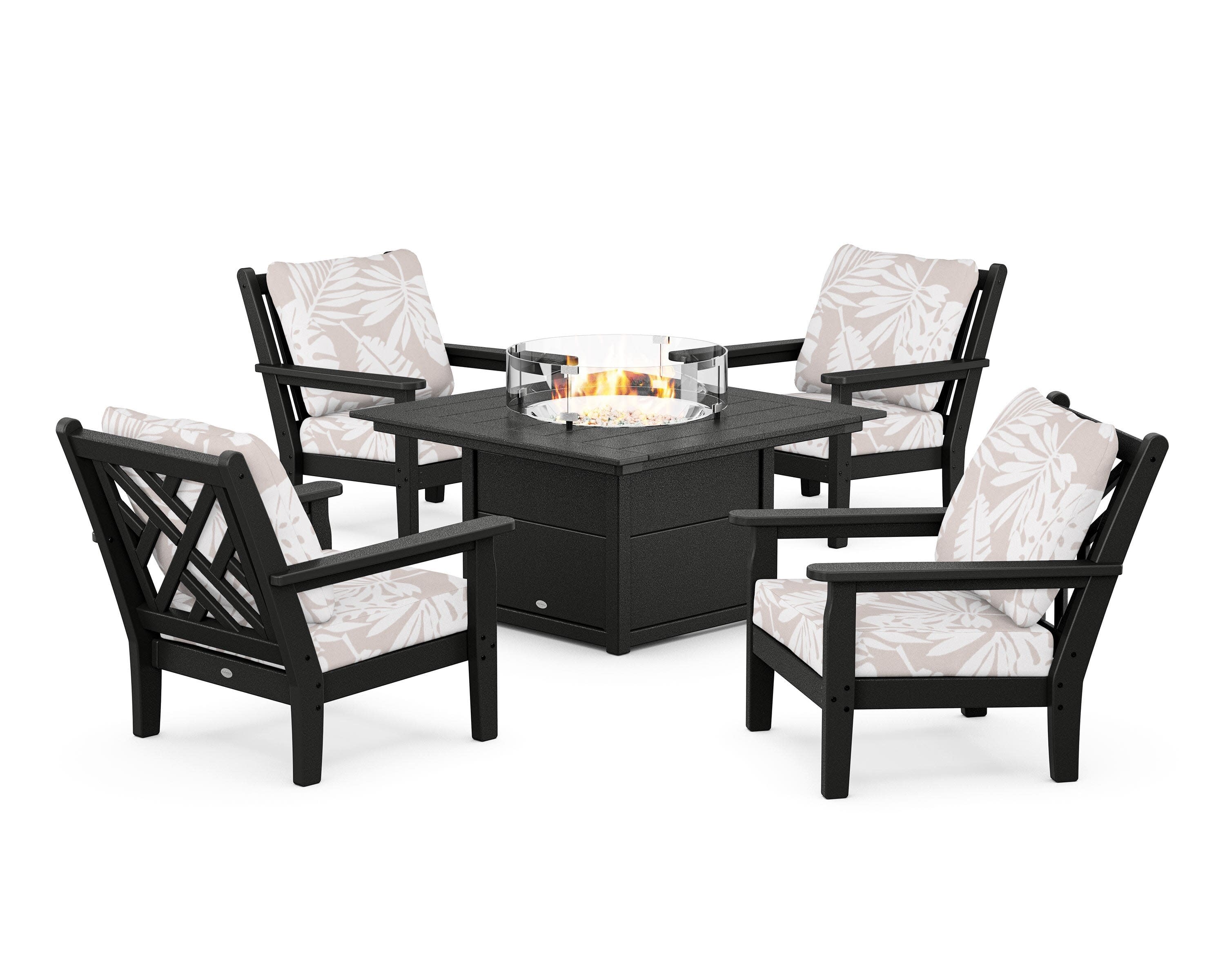 Chippendale 5-Piece Deep Seating Set with Fire Pit Table in Black / Leaf Dune Burlap