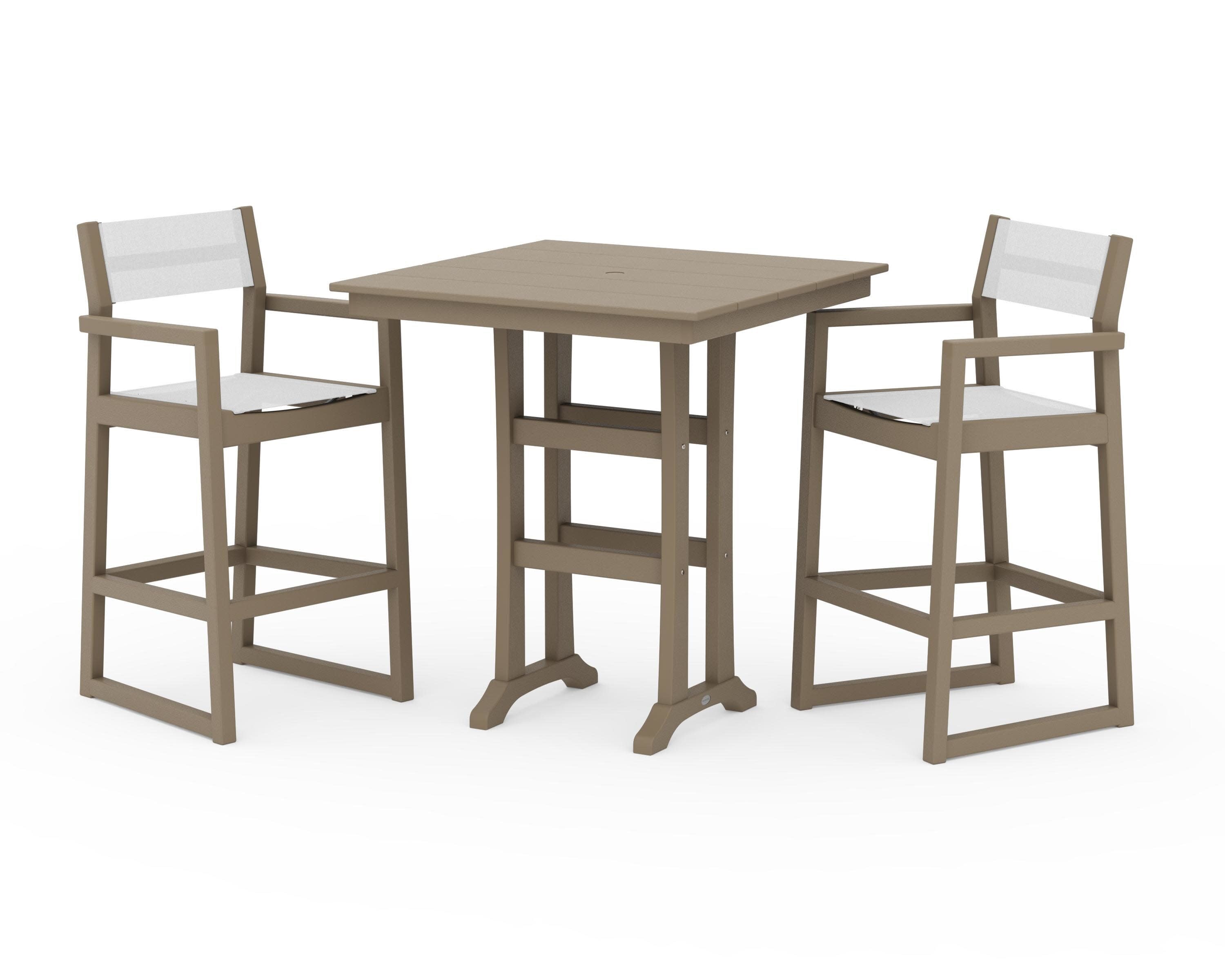 EDGE Sling Arm Chair 3-Piece Farmhouse Bar Set with Trestle Legs in Vintage Sahara / White Sling