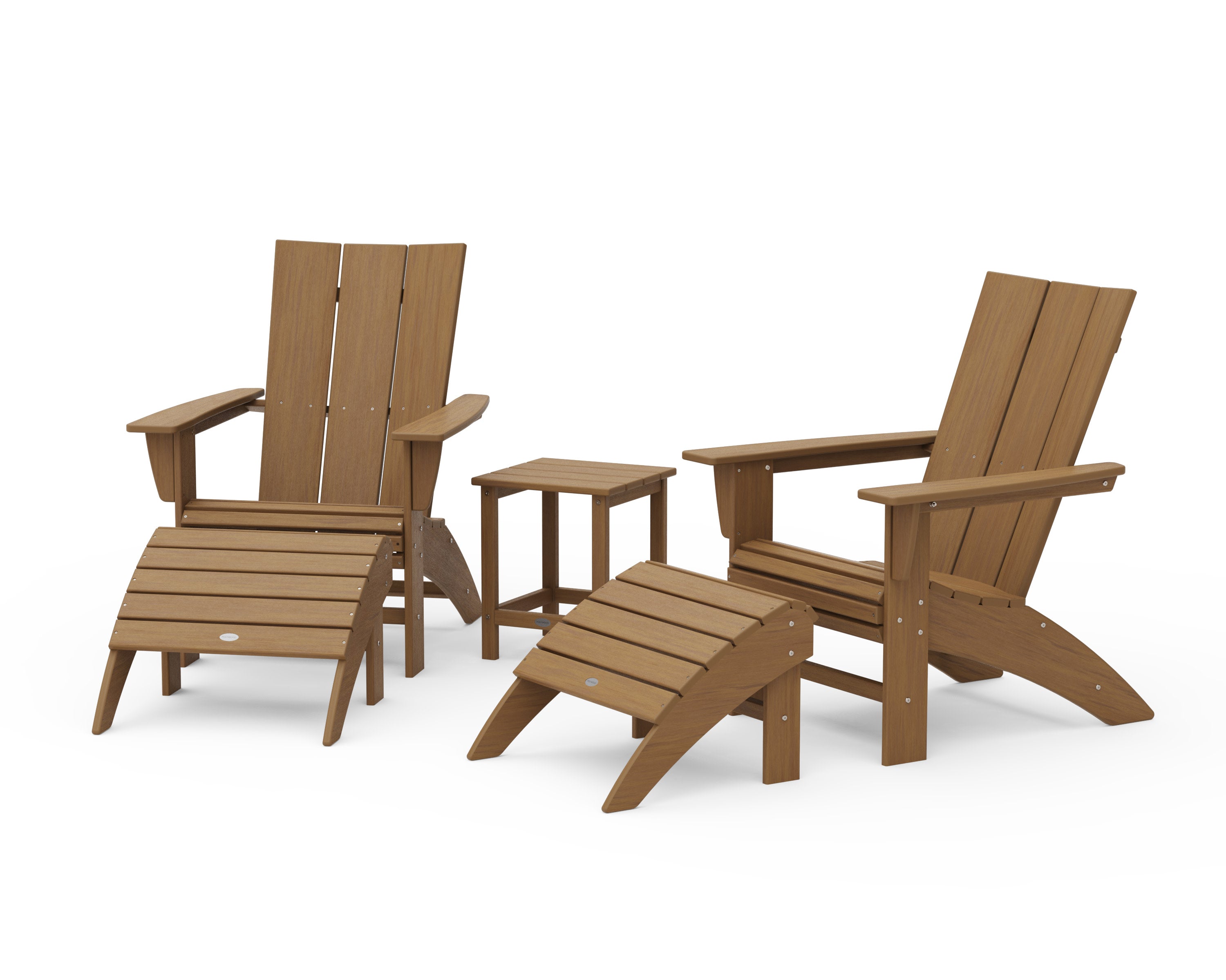 Modern Curveback Adirondack Chair 5-Piece Set with Ottomans and 18" Side Table in Natural