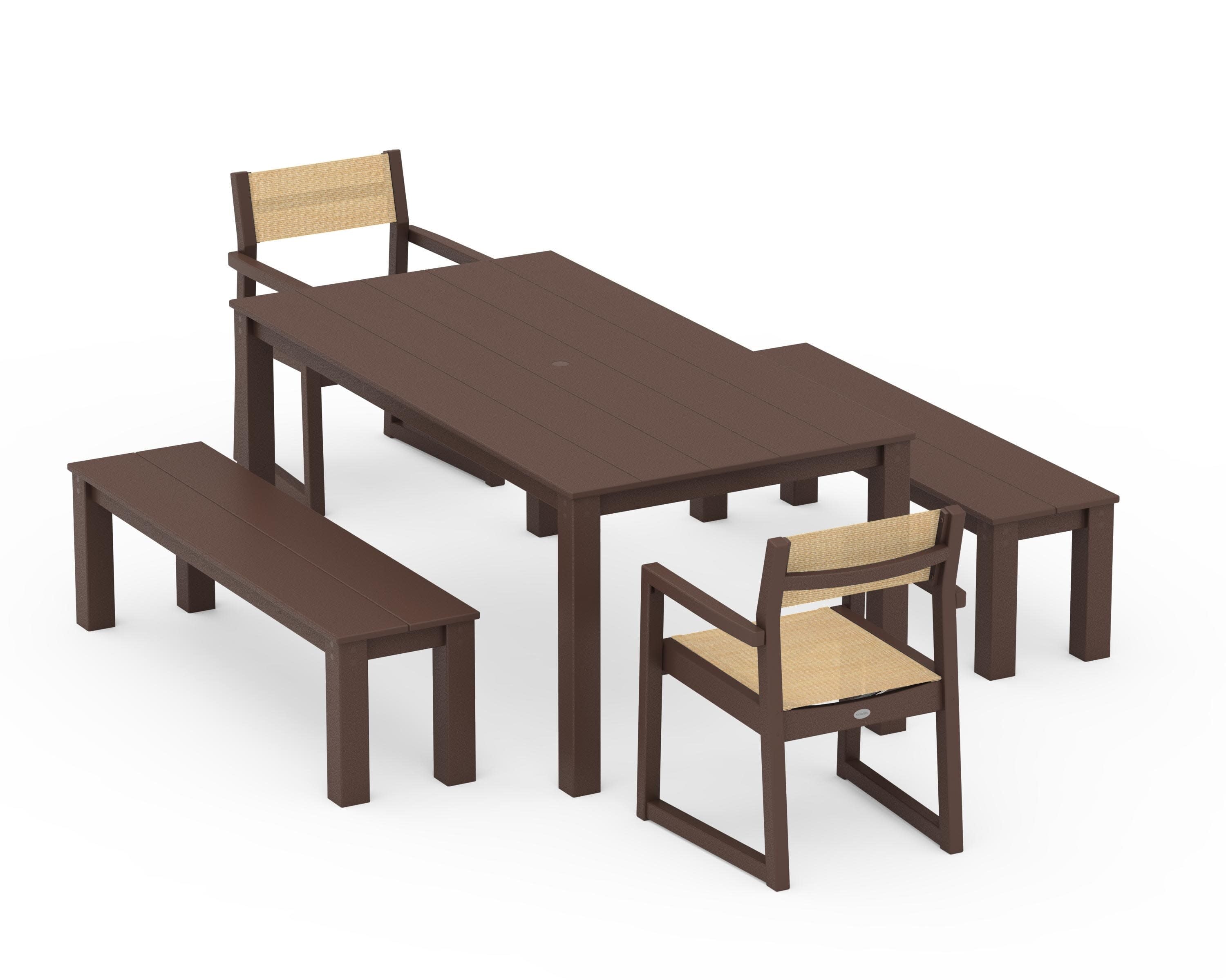 EDGE Sling Arm Chair 5-Piece Parsons Dining Set with Benches in Mahogany / Dupioni Apricot Sling