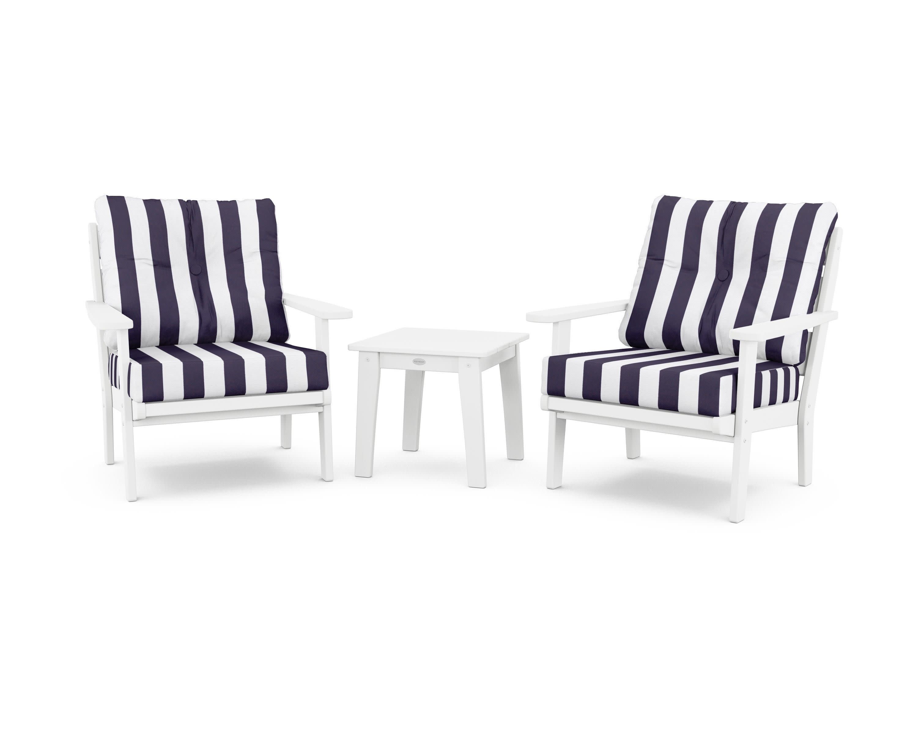 Lakeside 3-Piece Deep Seating Chair Set in White / Cabana Stripe Navy