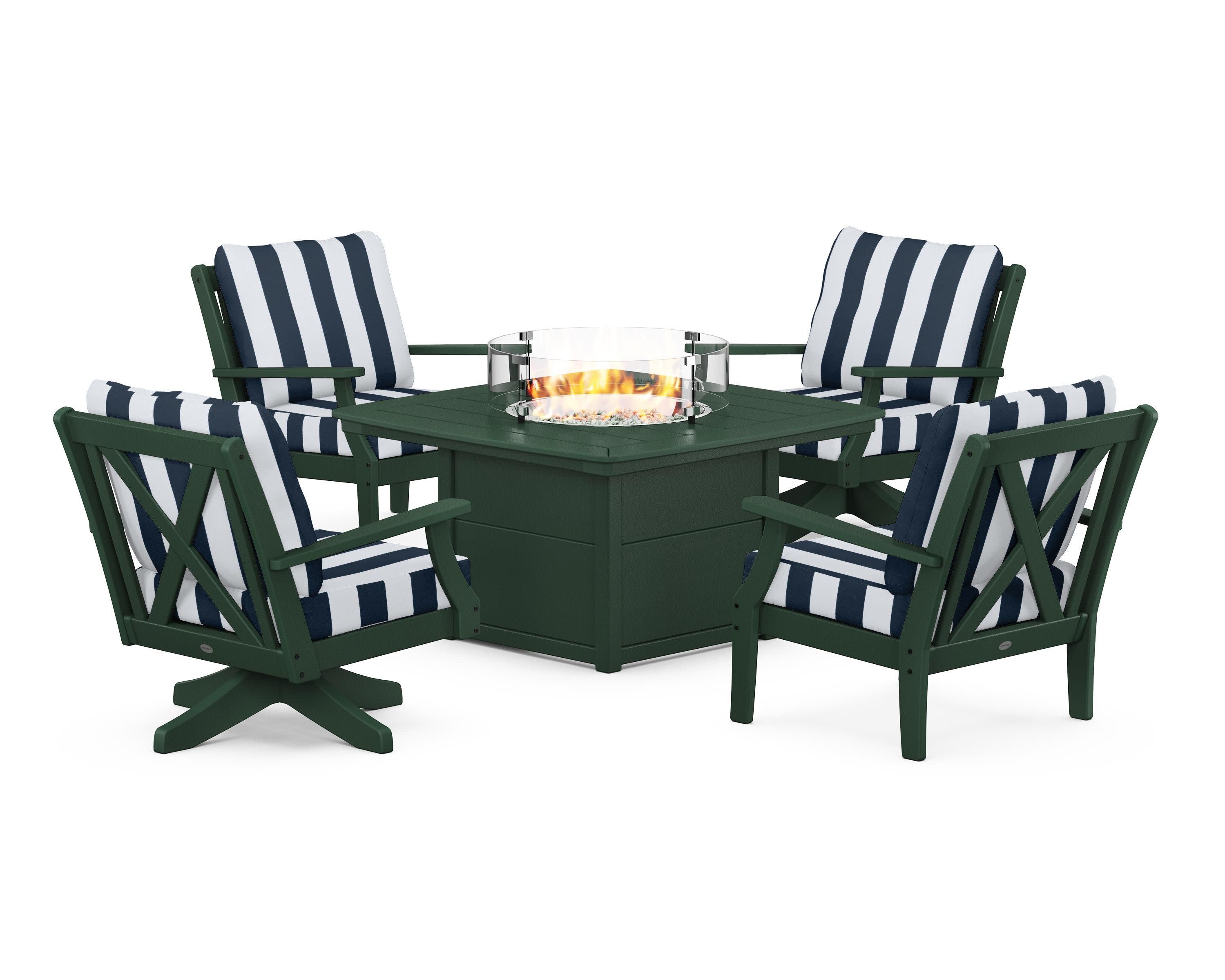 Braxton 5-Piece Deep Seating Set with Fire Table in Green / Cabana Stripe Marine Indigo