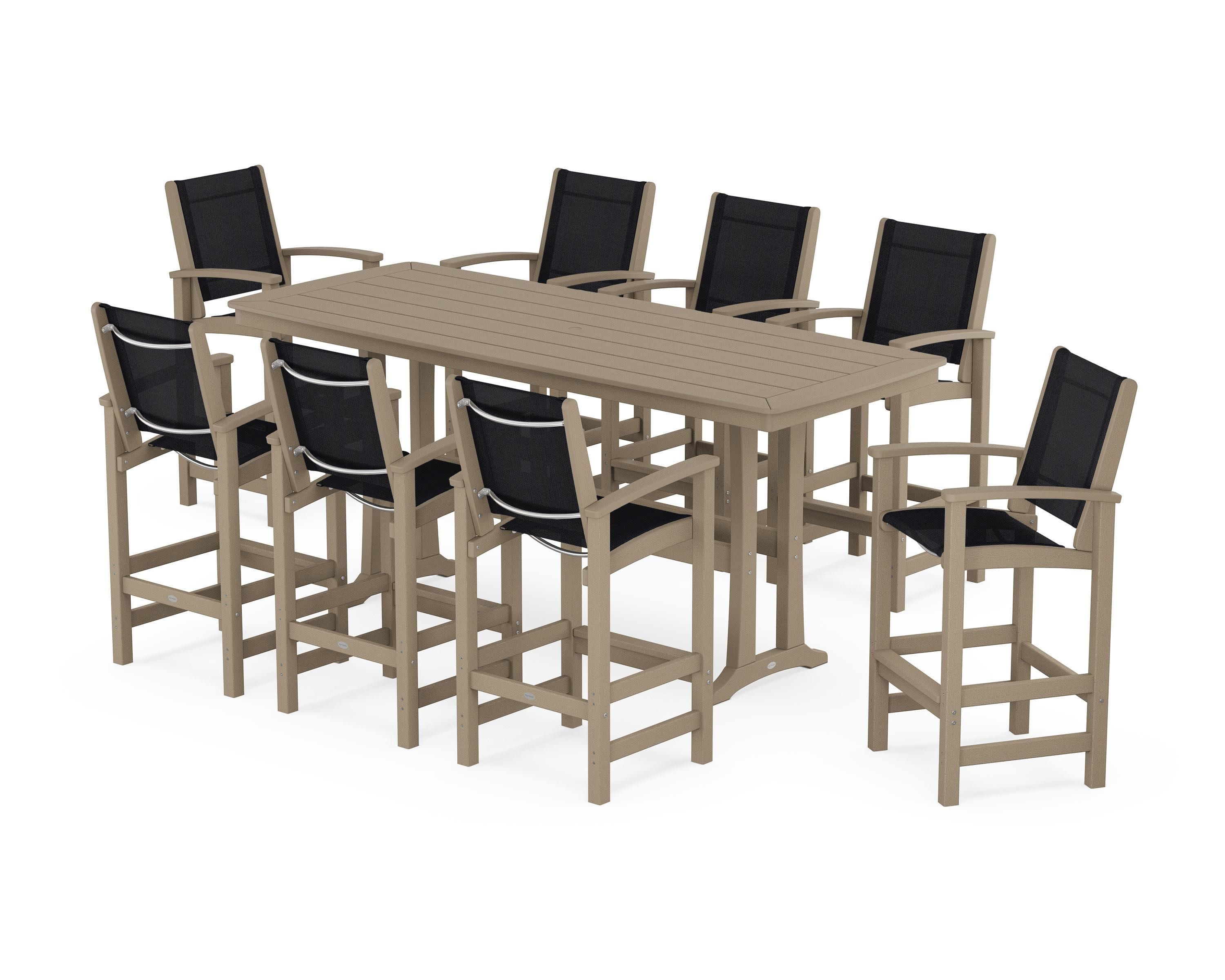 Coastal 9-Piece Bar Set with Trestle Legs in Vintage Sahara / Black Sling