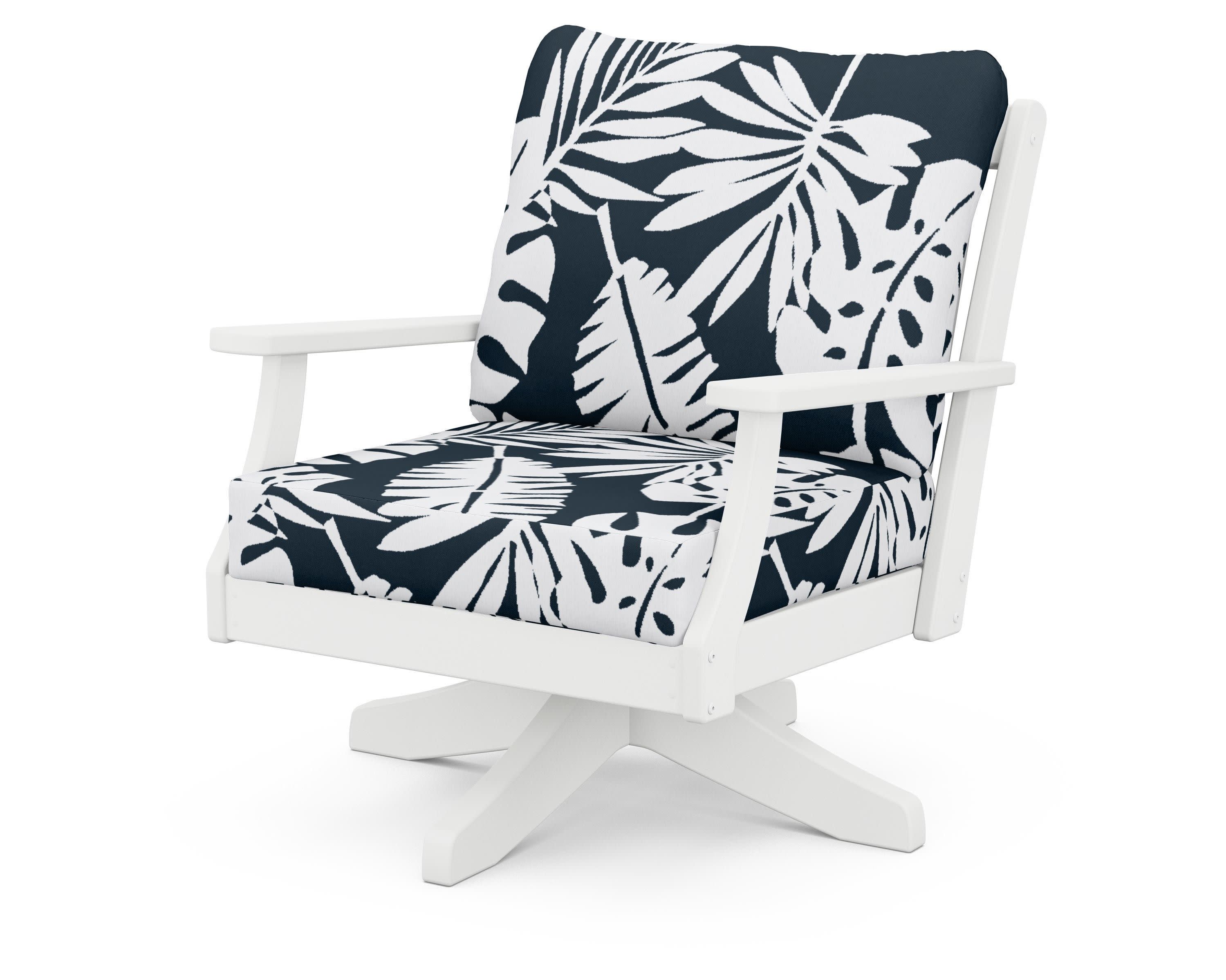 Braxton Deep Seating Swivel Chair in White / Leaf Marine Indigo