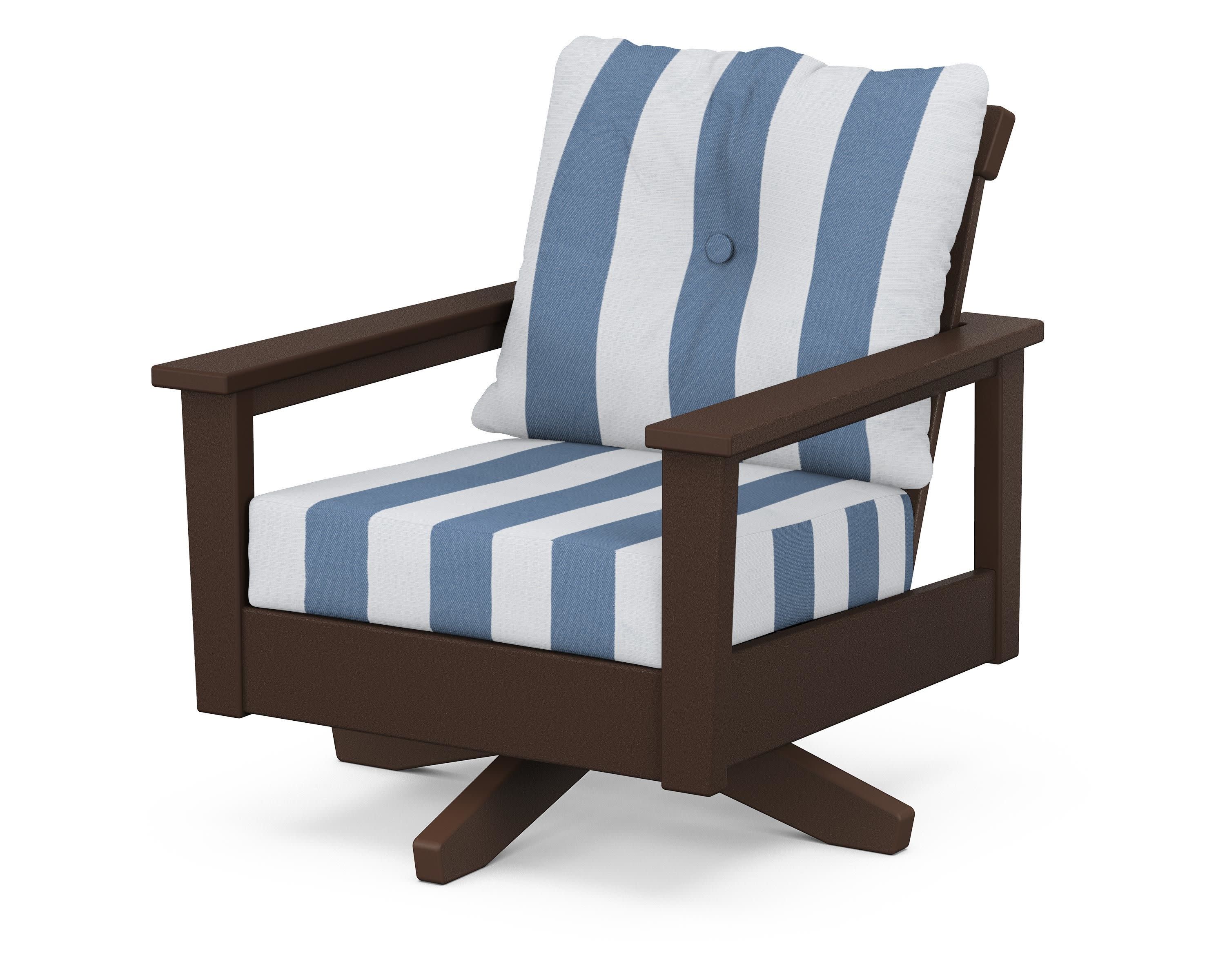 Prescott Deep Seating Swivel Chair in Mahogany / Cabana Stripe Sky Blue