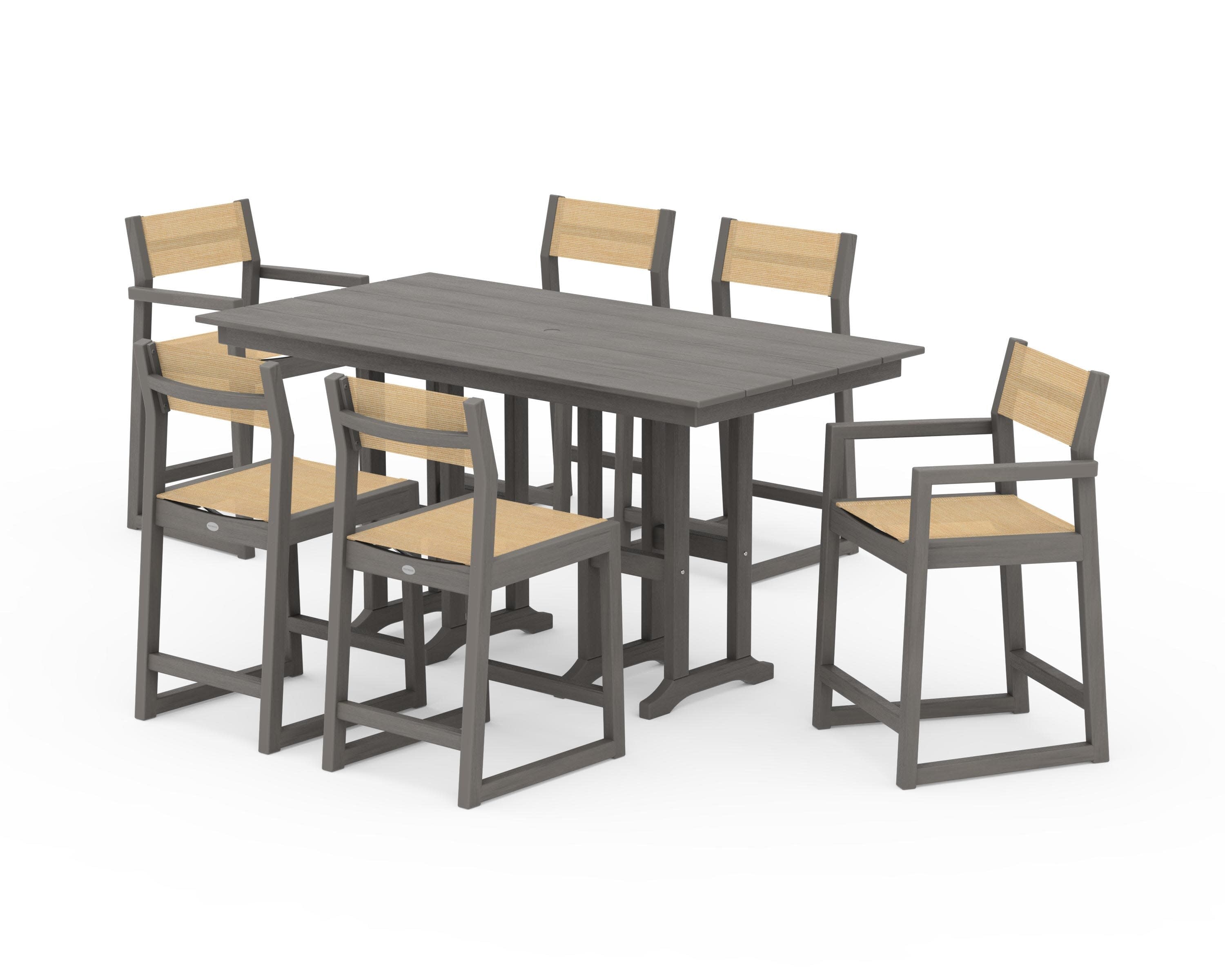 EDGE Sling 7-Piece Farmhouse Counter Set with Trestle Legs in Driftwood / Dupioni Apricot Sling