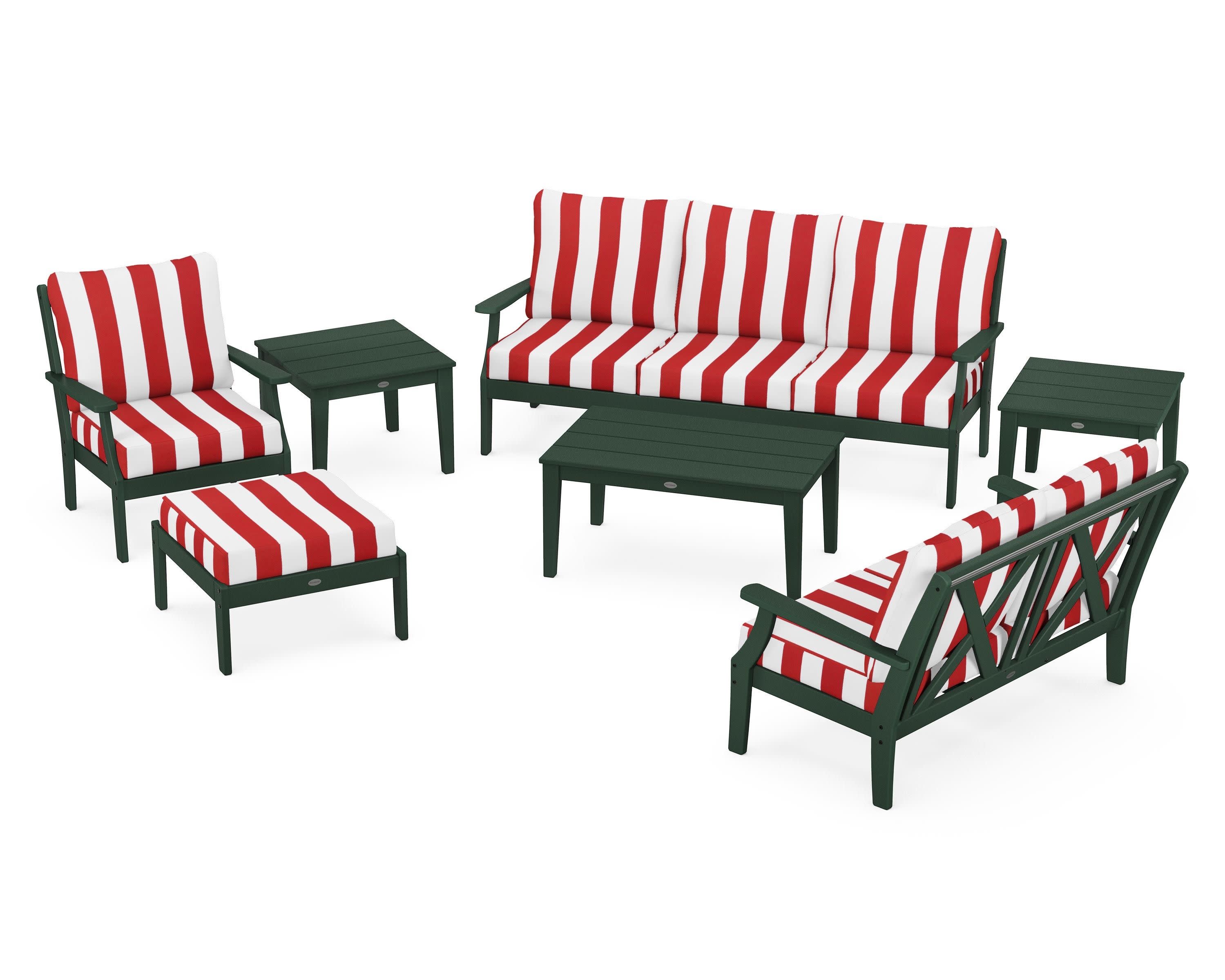 Braxton 7-Piece Deep Seating Set in Green / Cabana Stripe Crimson
