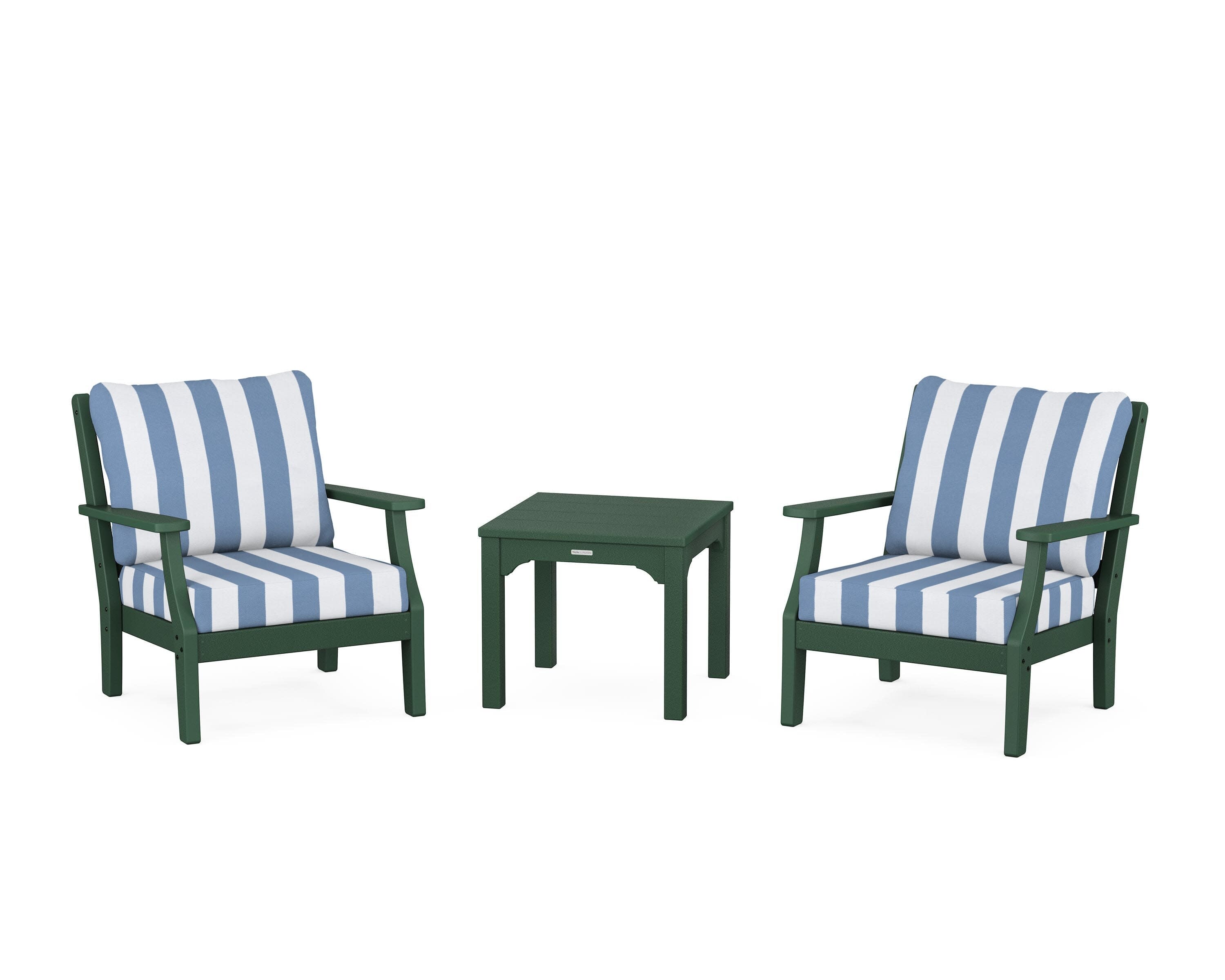 Chinoiserie 3-Piece Deep Seating Set in Green / Cabana Stripe Sky Blue