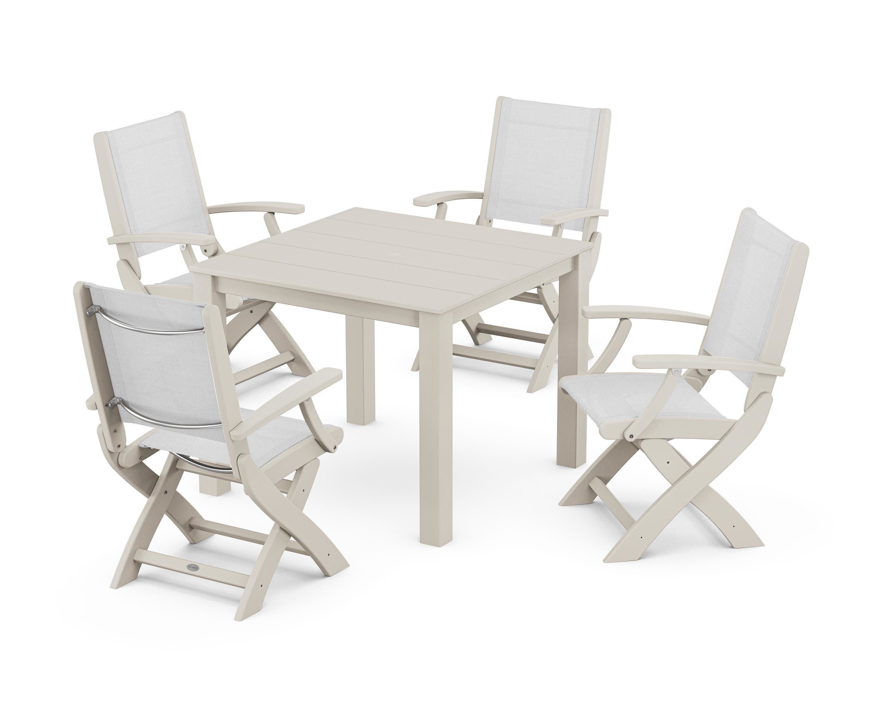 Coastal Folding Chair 5-Piece Parsons Dining Set in Sand / White Sling