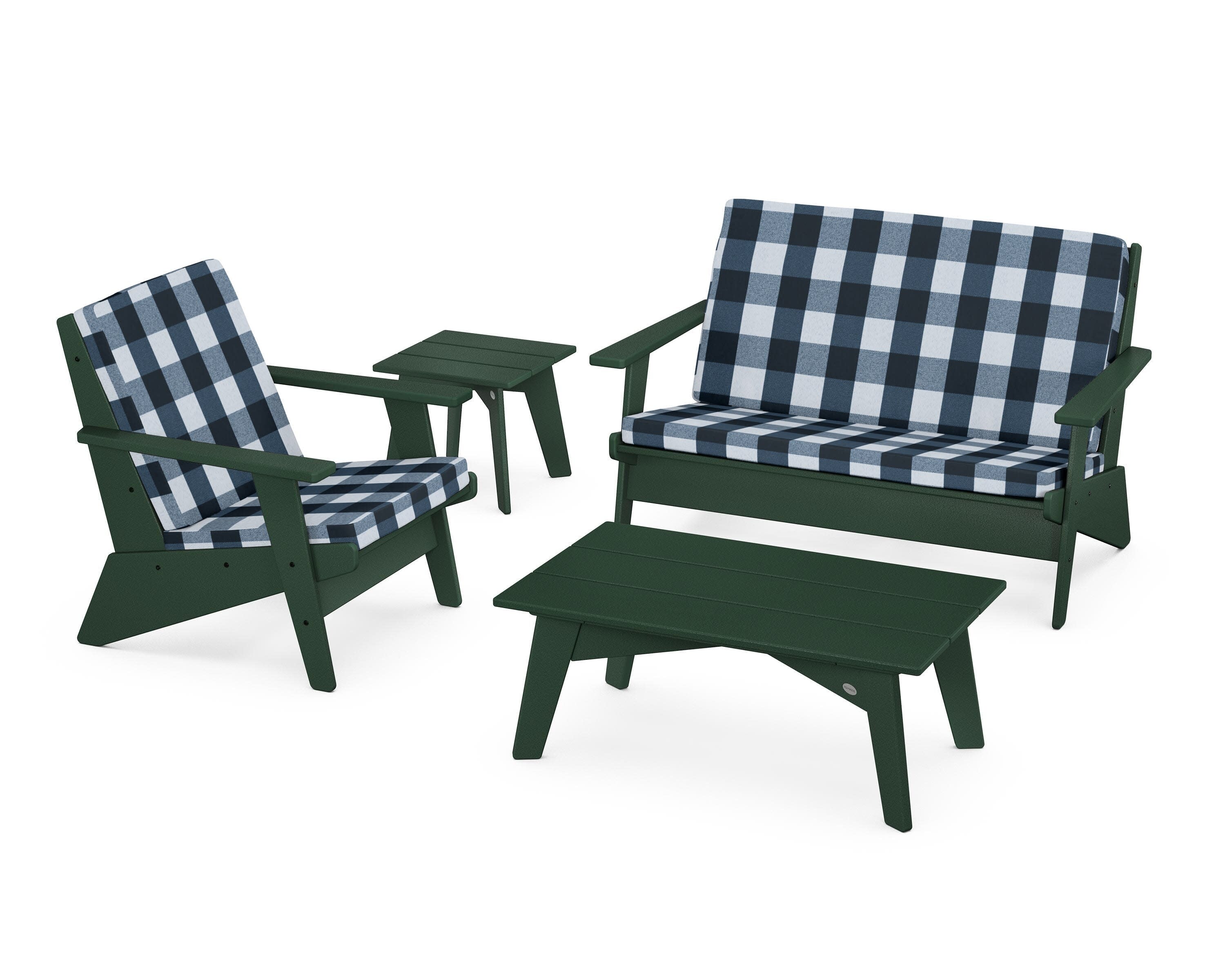 Riviera Modern Lounge 4-Piece Set in Green / Buffalo Plaid Marine Indigo