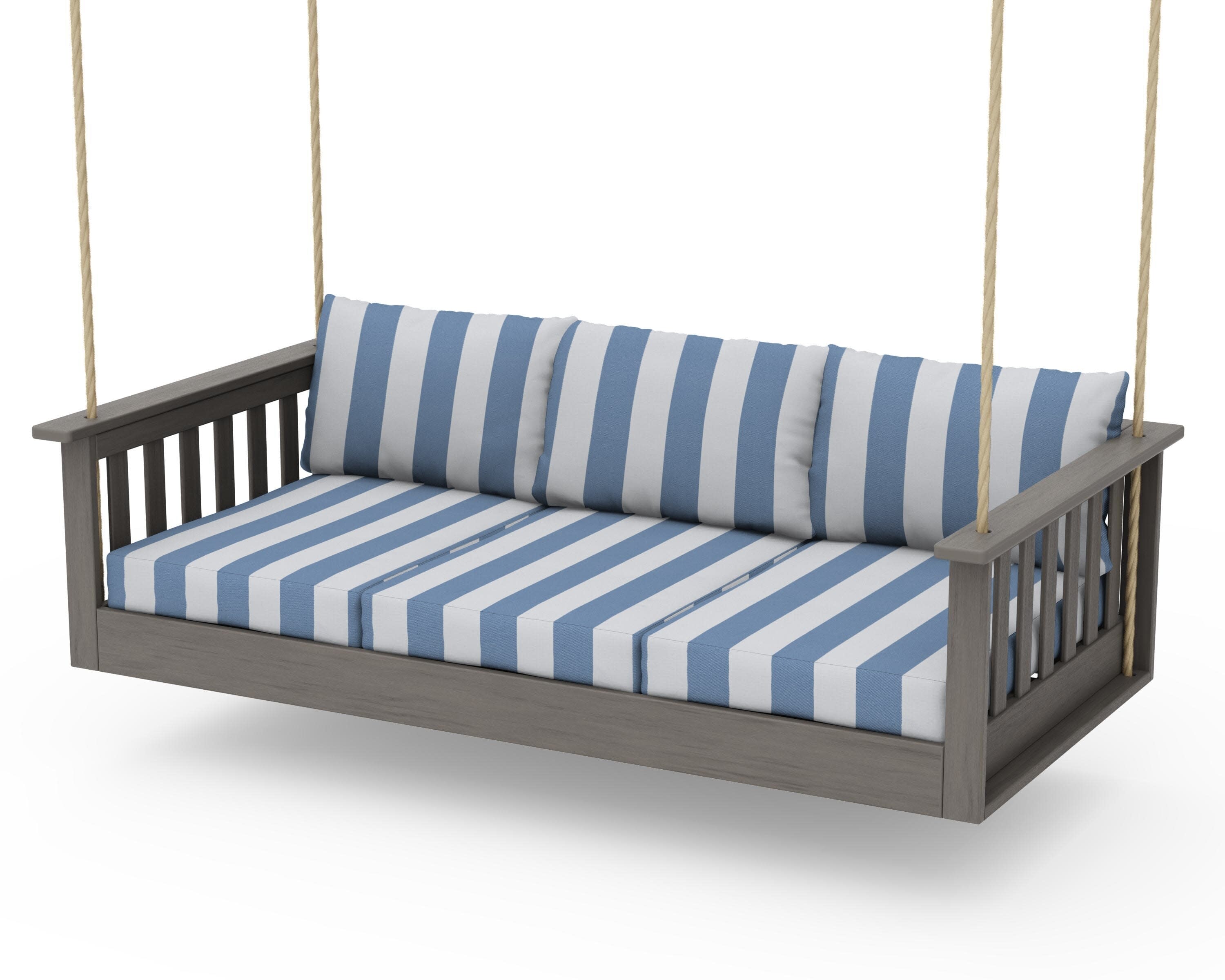 Vineyard Daybed Swing in Driftwood / Cabana Stripe Sky Blue