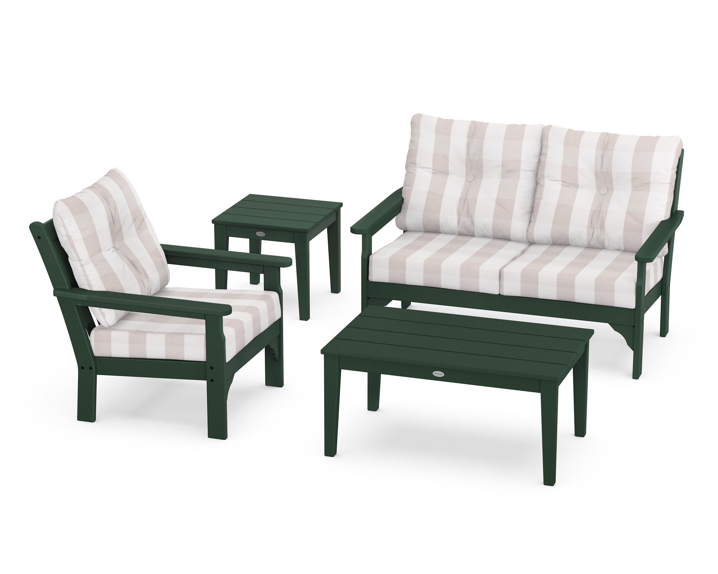 Vineyard 4-Piece Deep Seating Set in Green / Buffalo Plaid Dune Burlap