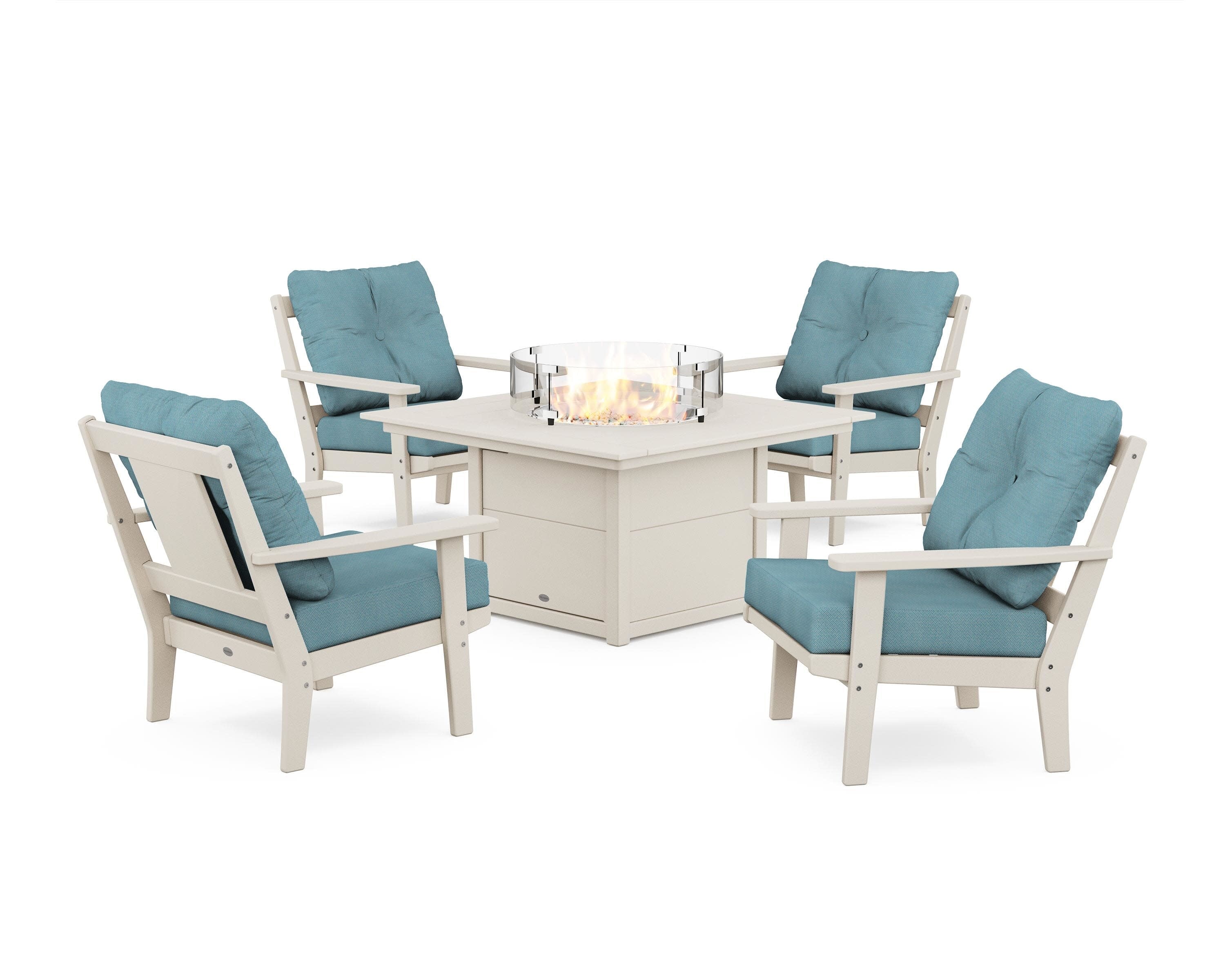 Prairie 5-Piece Deep Seating Set with Fire Pit Table in Sand / Lattice Sky Blue