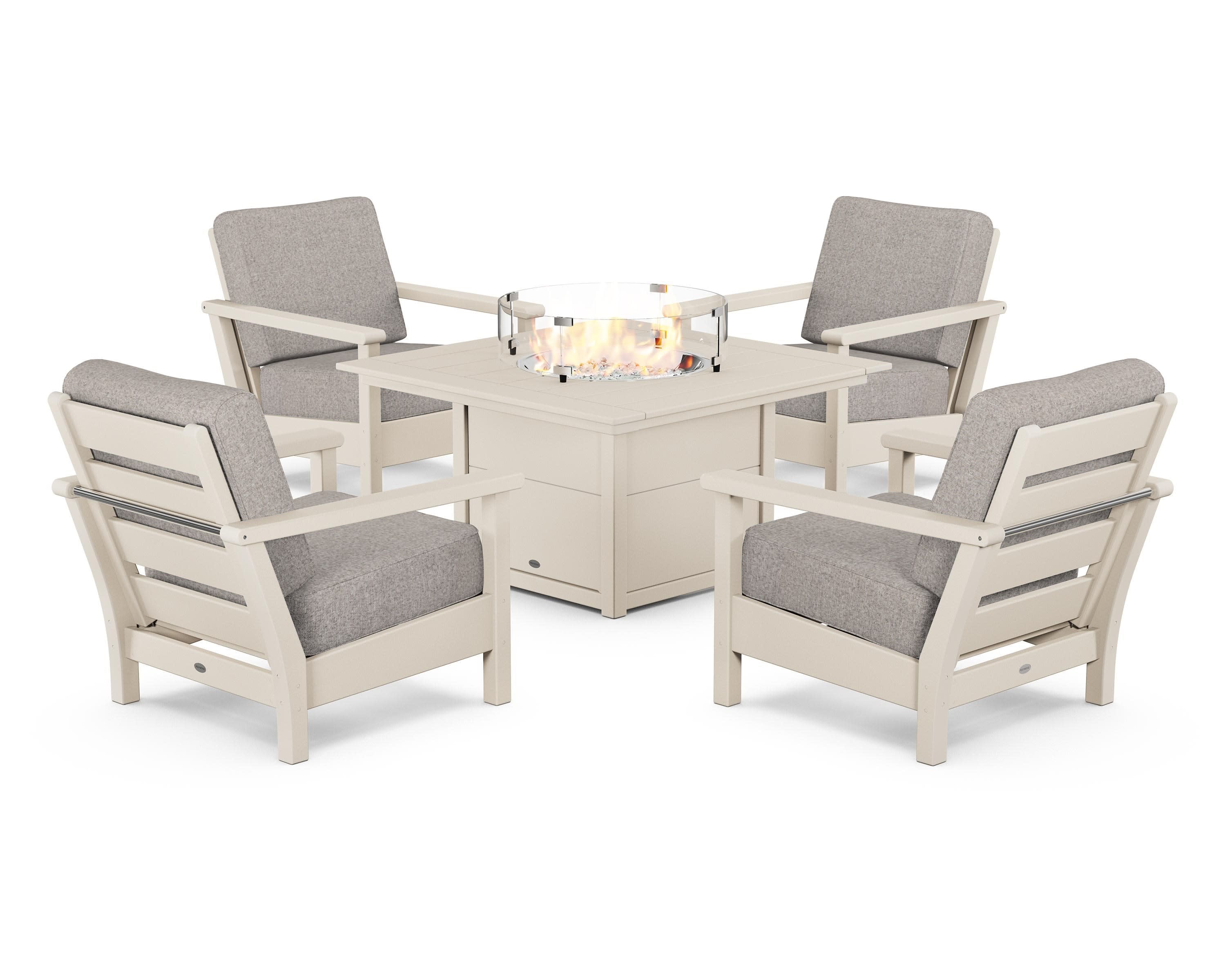 Harbour 5-Piece Conversation Set with Fire Pit Table in Sand / Weathered Tweed