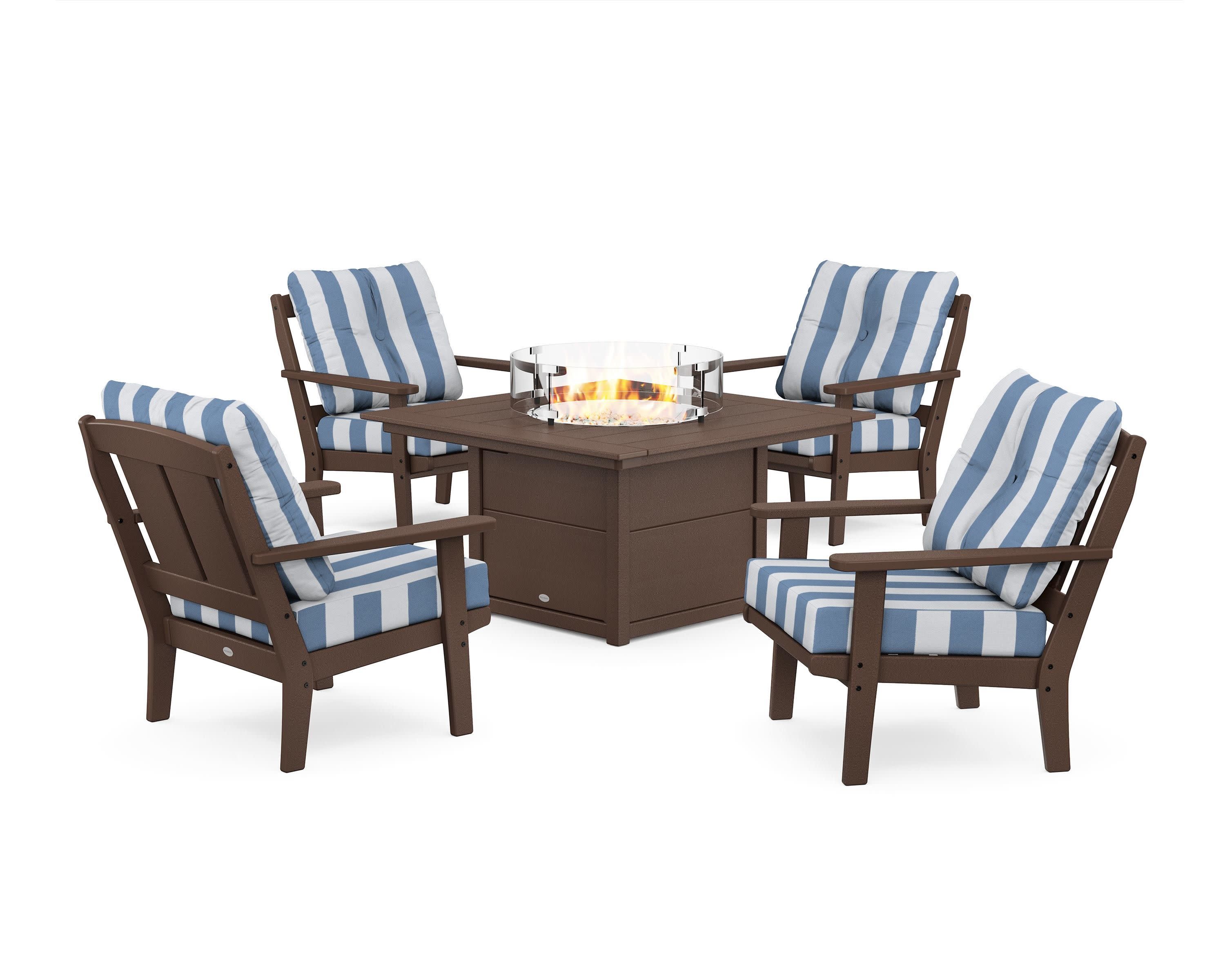 Mission 5-Piece Deep Seating Set with Fire Pit Table in Mahogany / Cabana Stripe Sky Blue