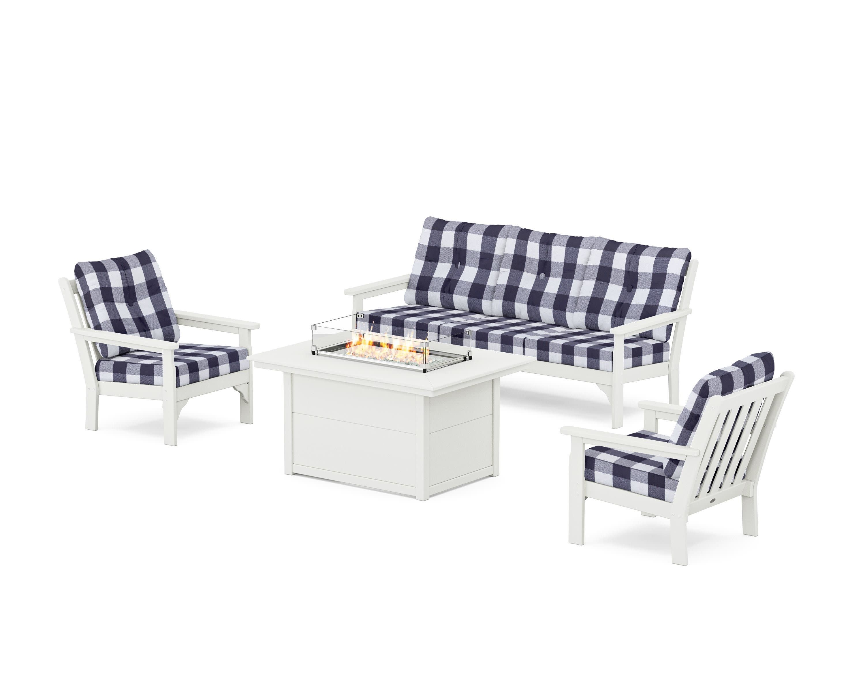 Vineyard Deep Seating Fire Pit Table Set in Vintage White / Buffalo Plaid Navy