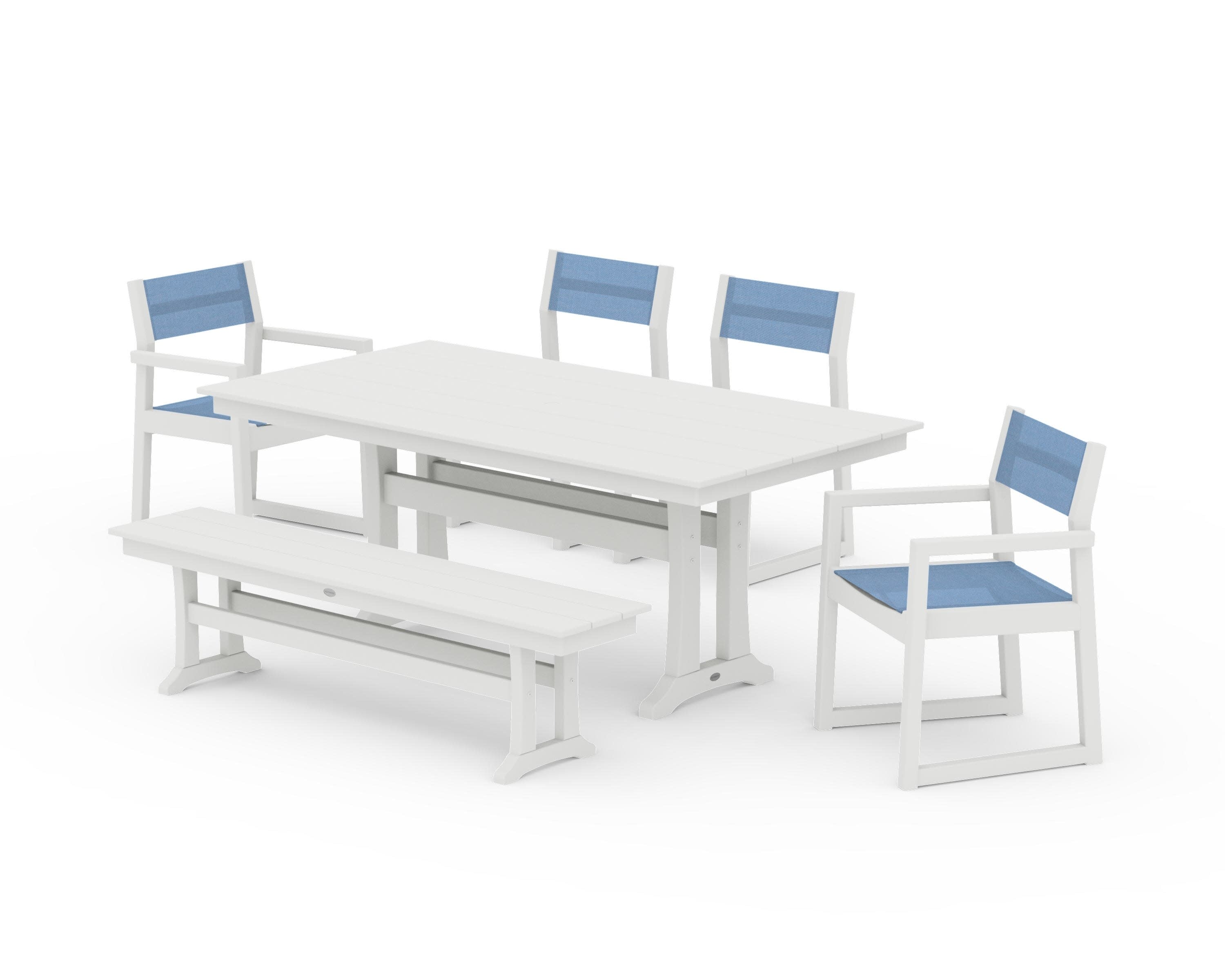 EDGE Sling 6-Piece Farmhouse Dining Set With Trestle Legs in Vintage White / Poolside Sling