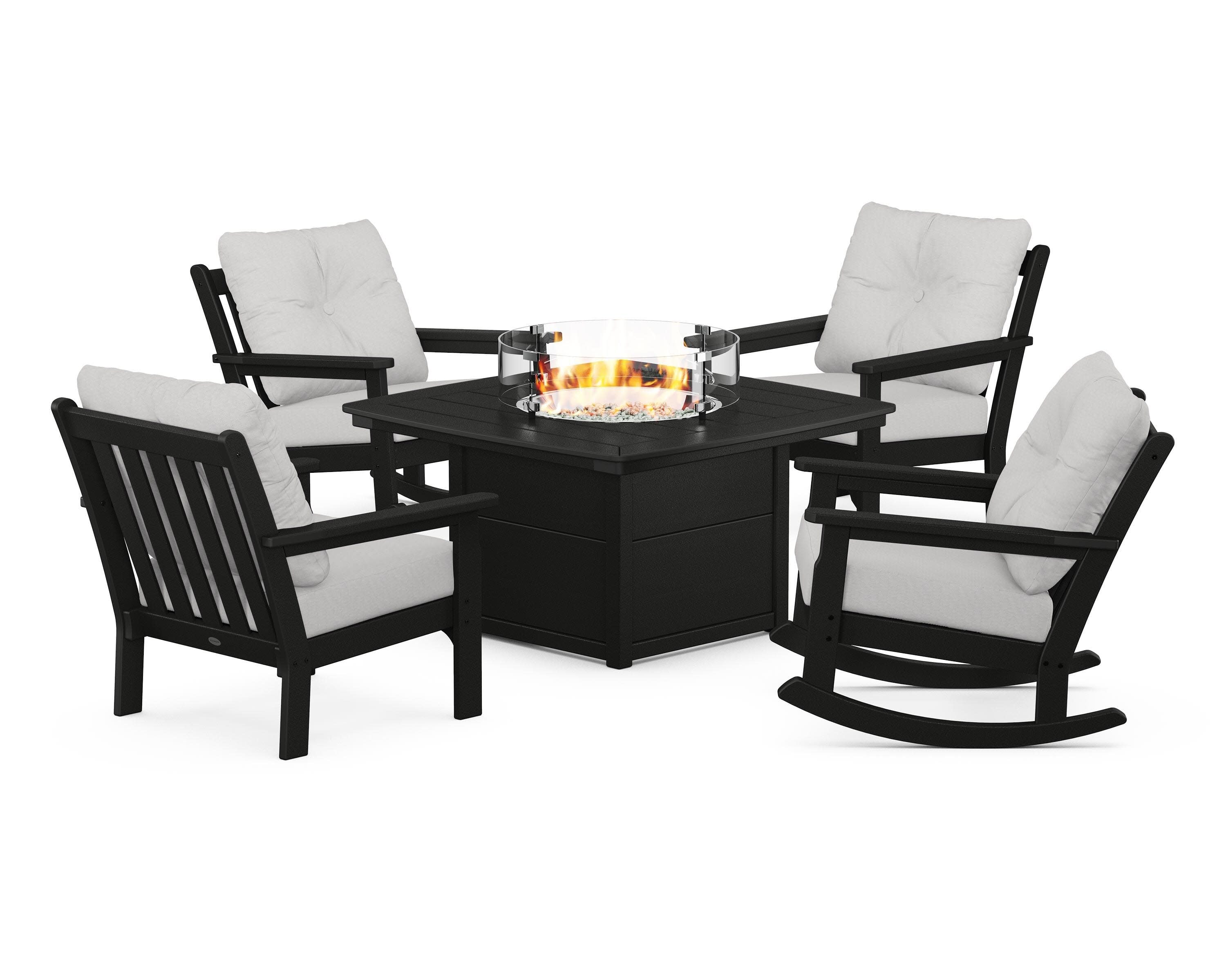 Vineyard 5-Piece Deep Seating Rocking Chair Conversation Set with Fire Pit Table in Black / Diamond in the Rough