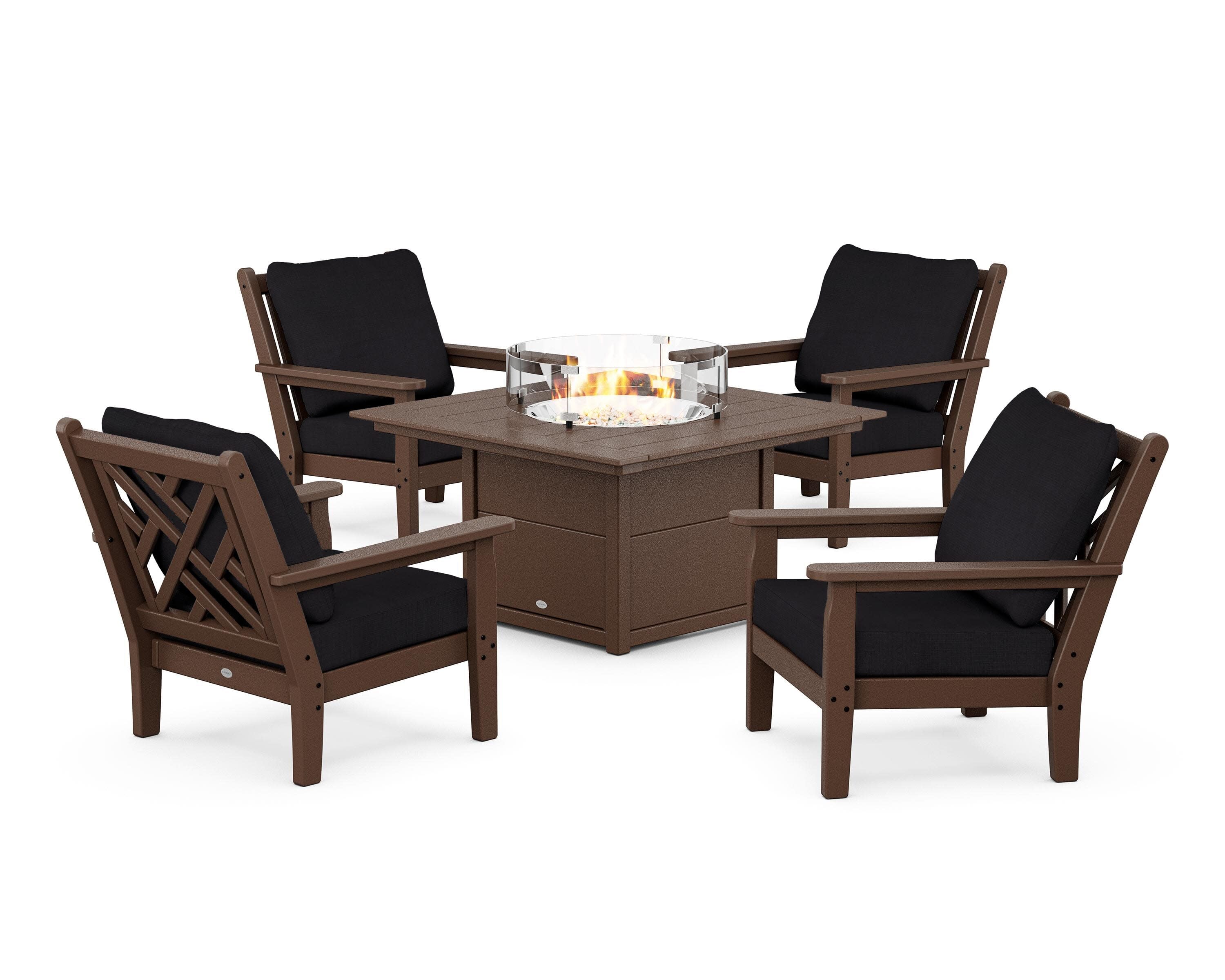Chippendale 5-Piece Deep Seating Set with Fire Pit Table in Mahogany / Midnight Linen