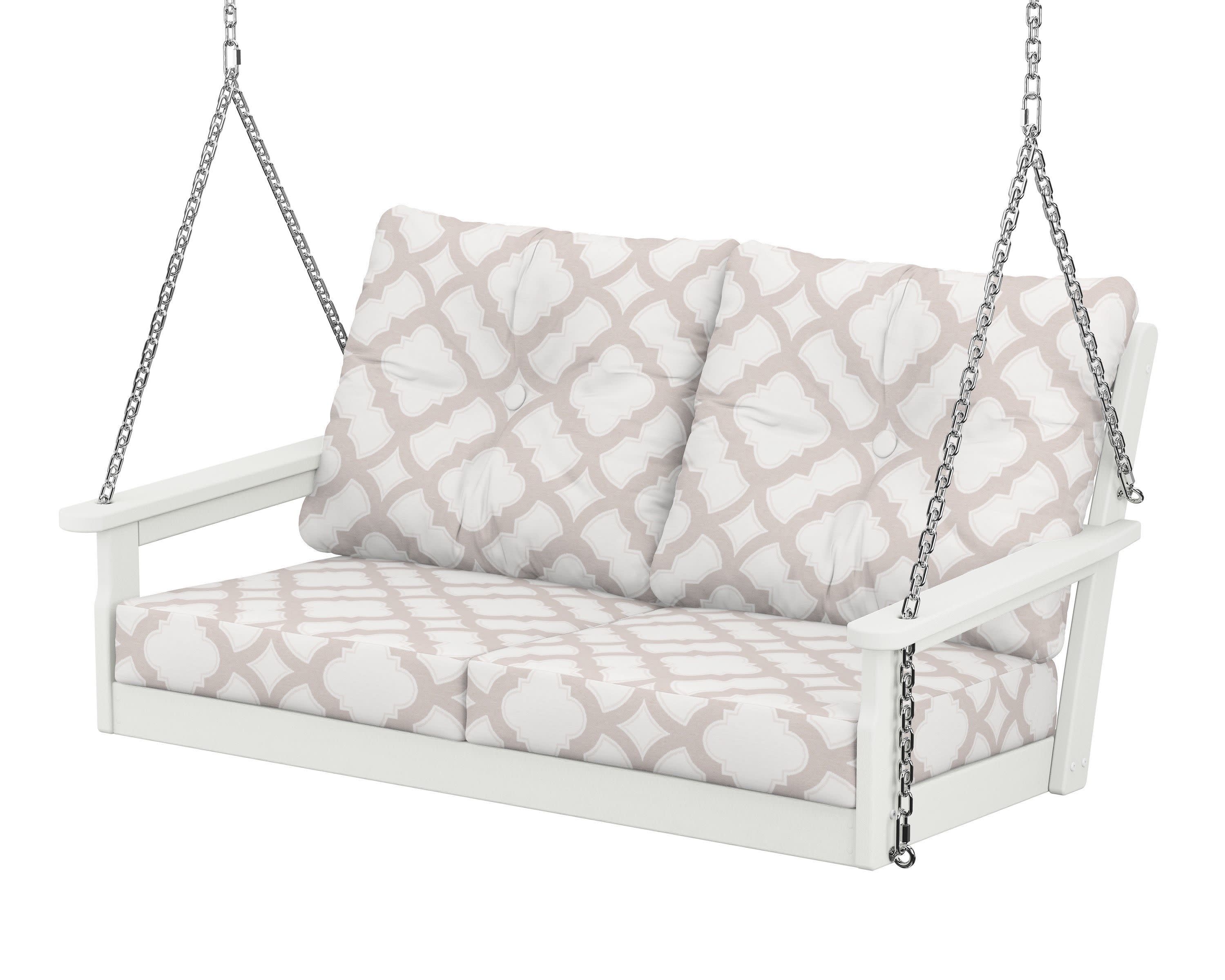 Vineyard Deep Seating Swing in Vintage White / Trellis Dune Burlap