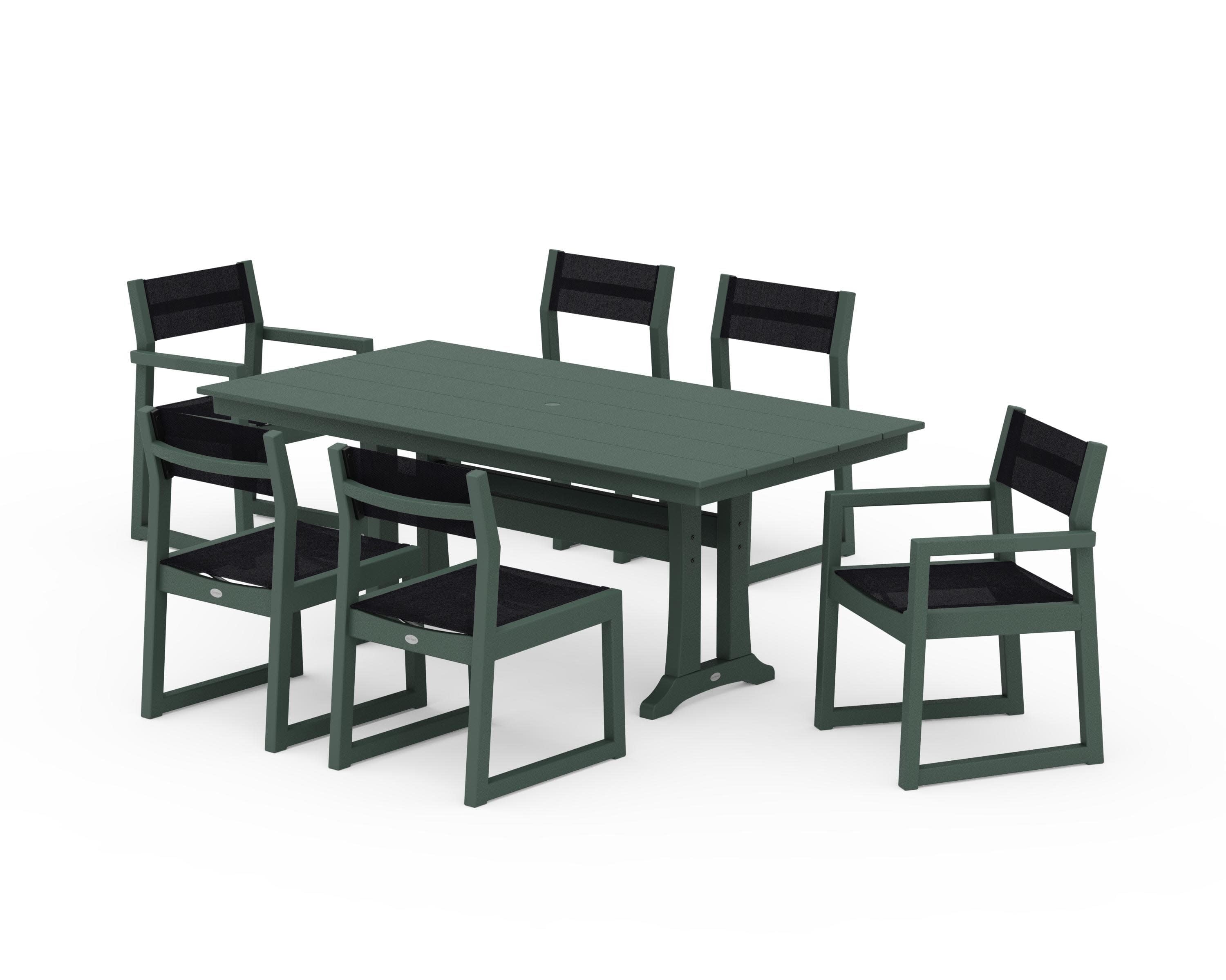 EDGE Sling 7-Piece Farmhouse Trestle Dining Set in Green / Black Sling